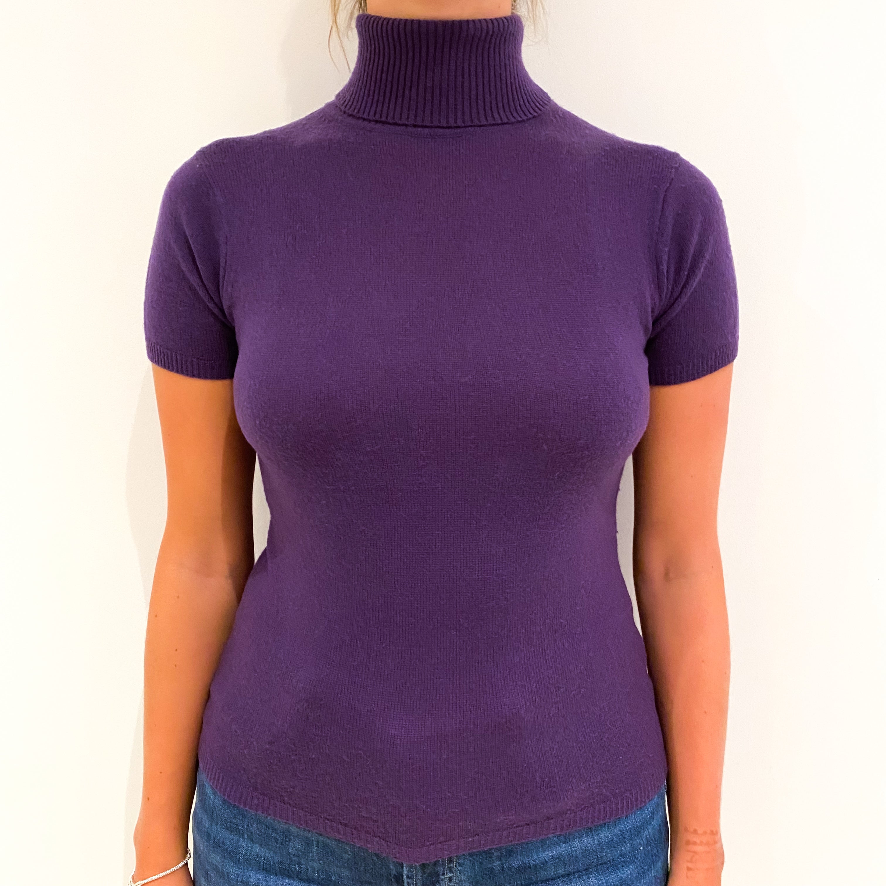 Pansy Purple Cashmere Short Sleeved Polo Neck Jumper Small
