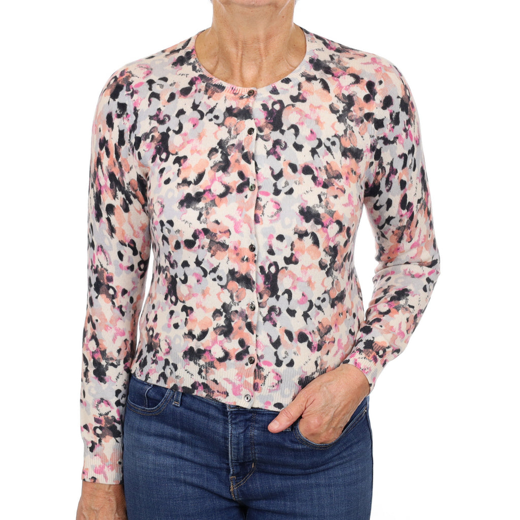 Vanilla Cream Patterned Cashmere Crew Neck Cardigan Medium