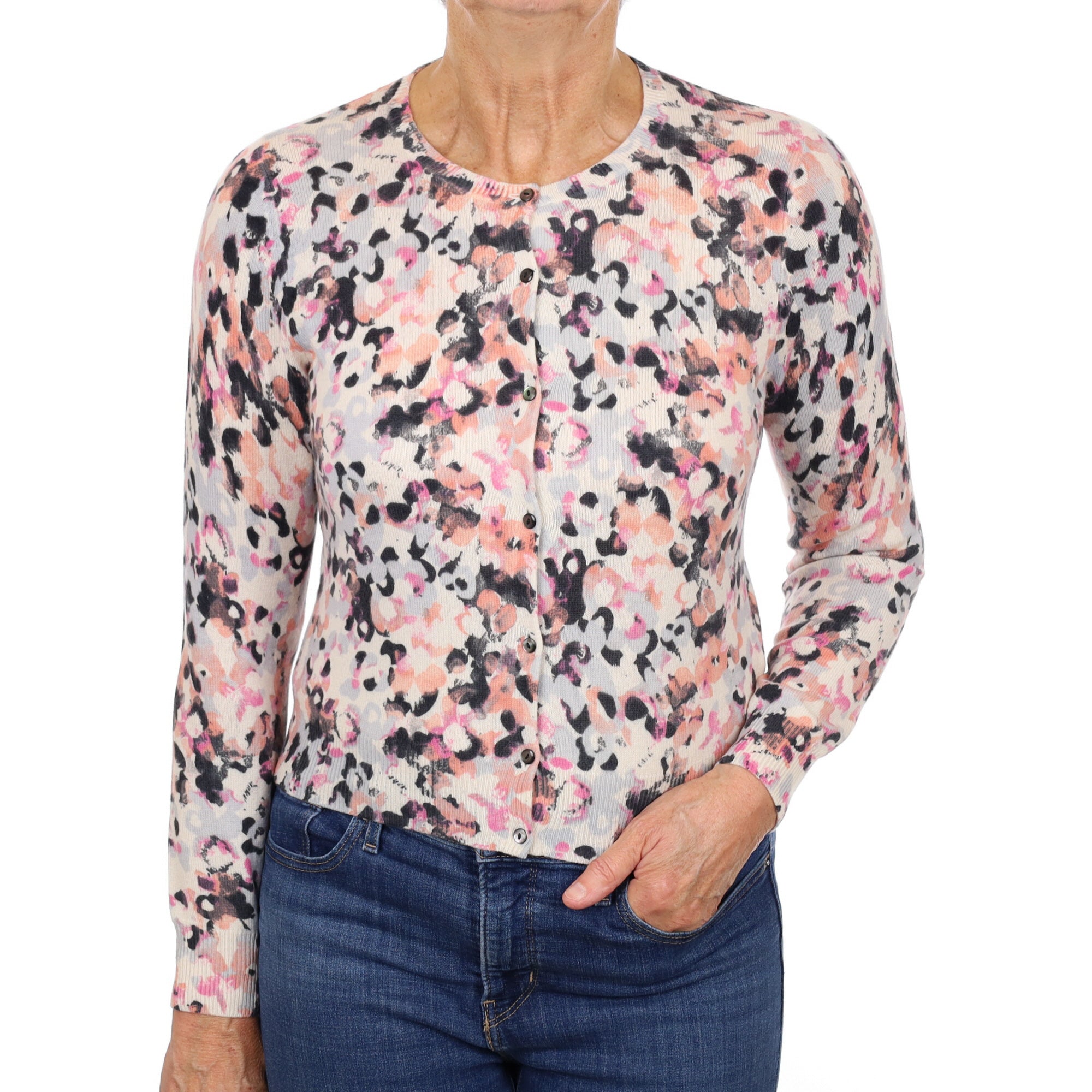 Vanilla Cream Patterned Cashmere Crew Neck Cardigan Medium