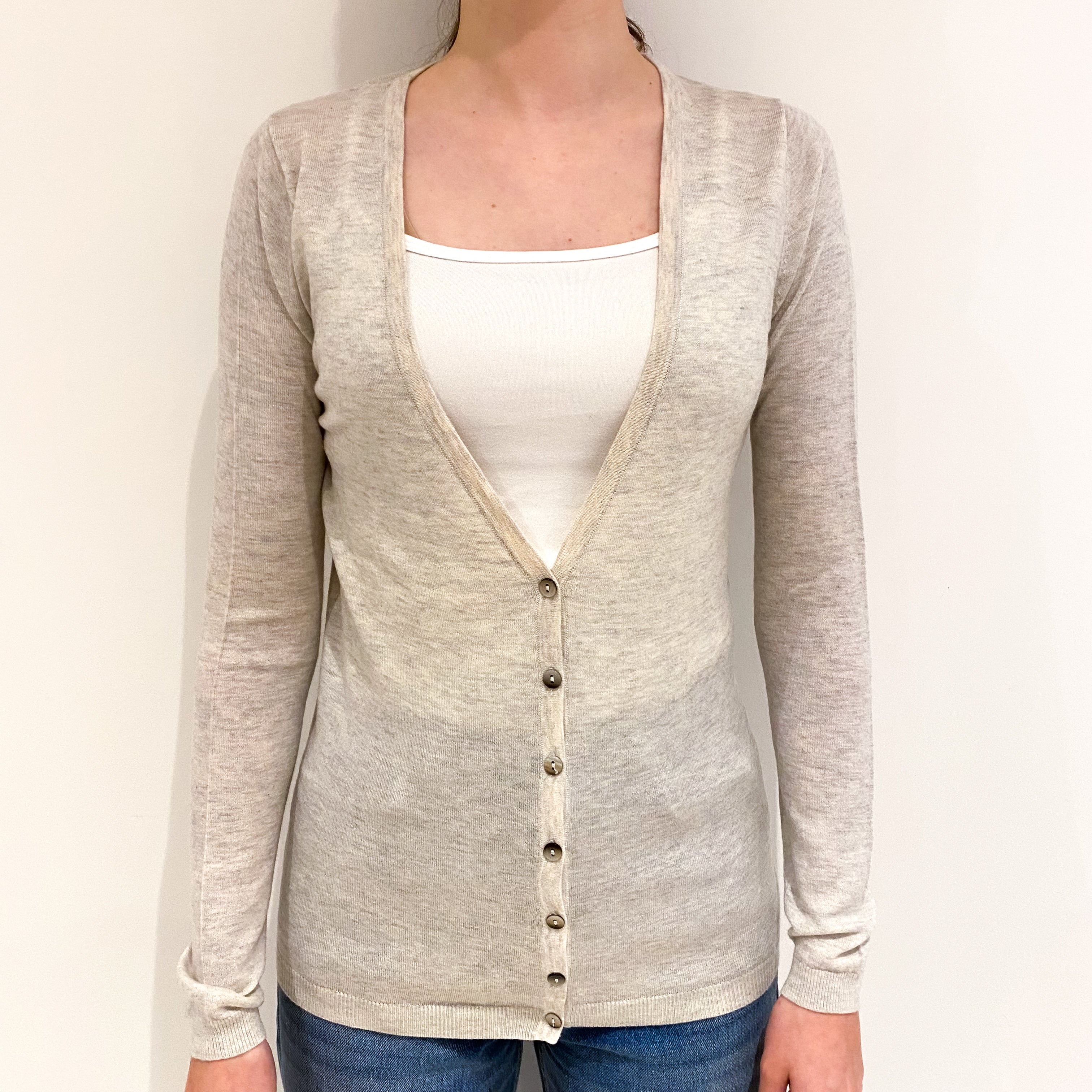 Pale Grey Fine Knit Cashmere V-Neck Cardigan Extra Small