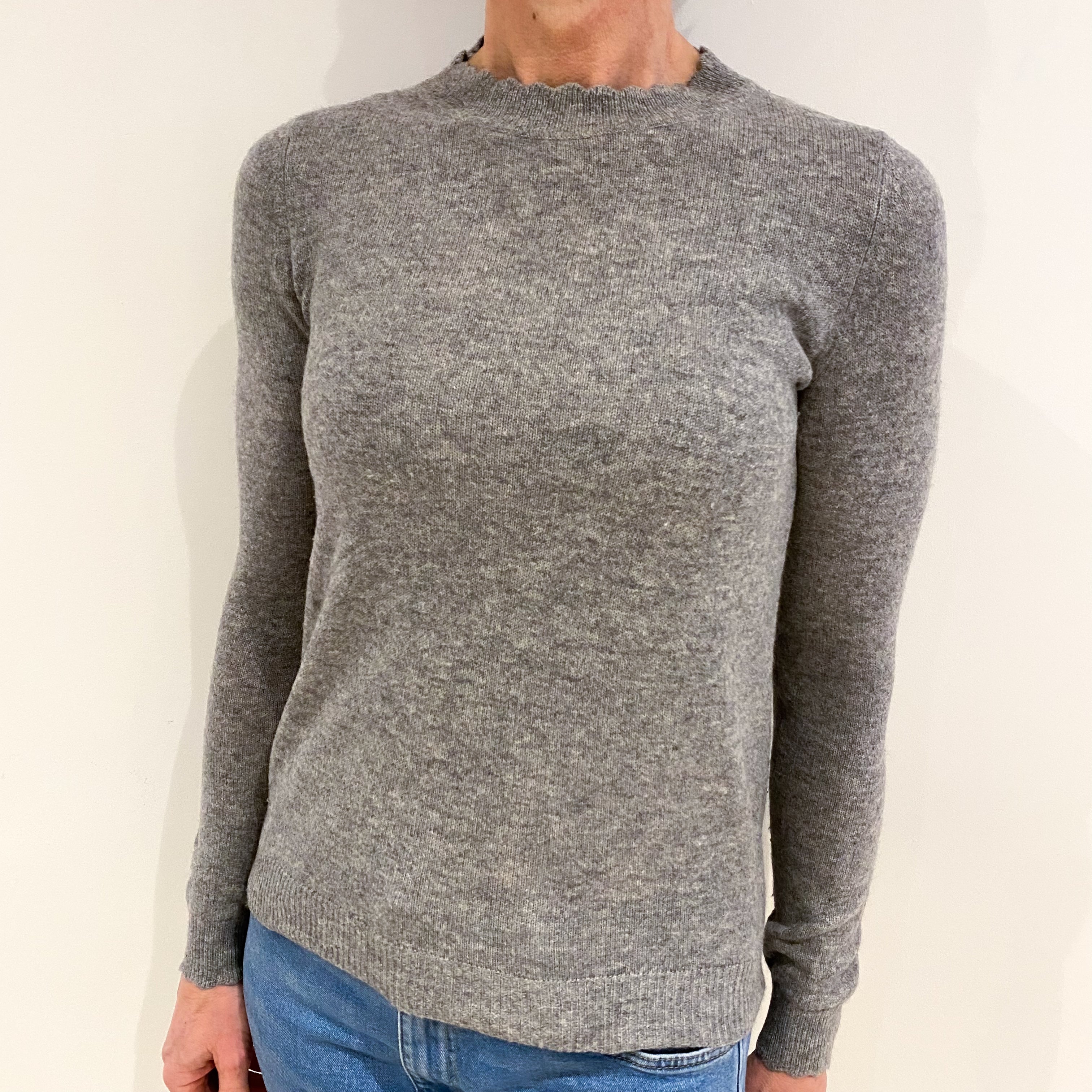 Smoke Grey Cashmere Scalloped Crew Neck Jumper Small