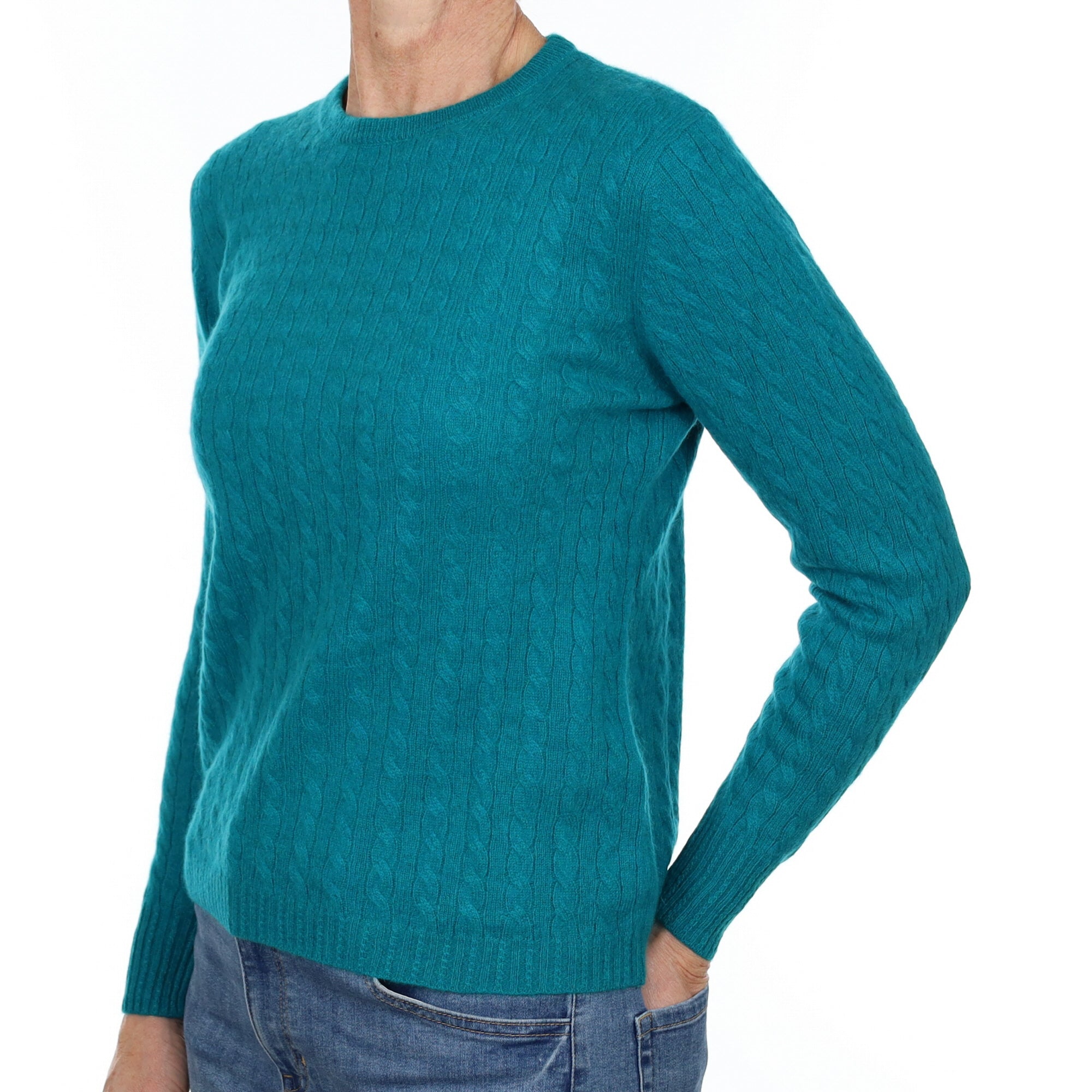 Deep Turquoise Cable Cashmere Crew Neck Jumper Small