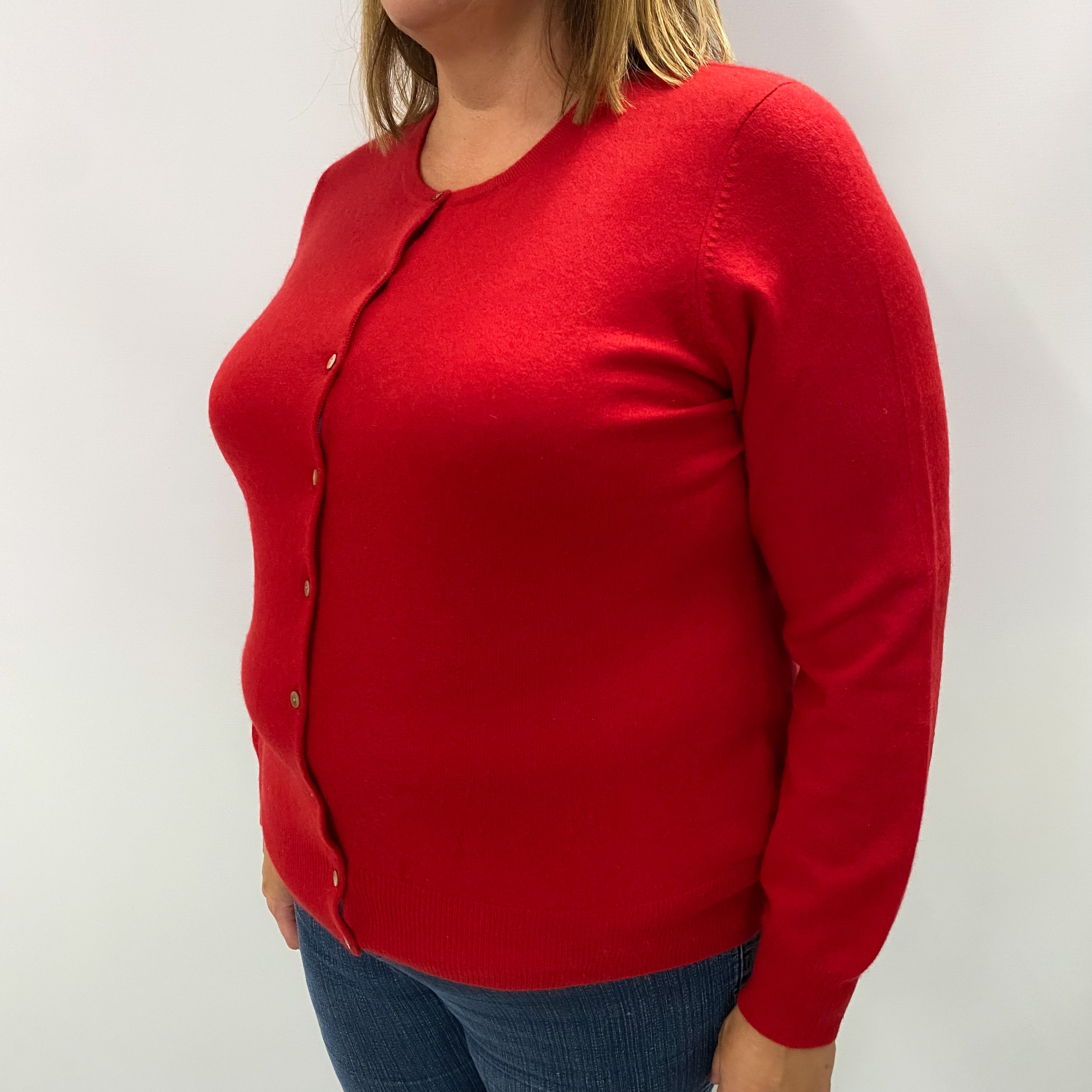 Scarlet Red Cashmere Crew Neck Cardigan Extra Large