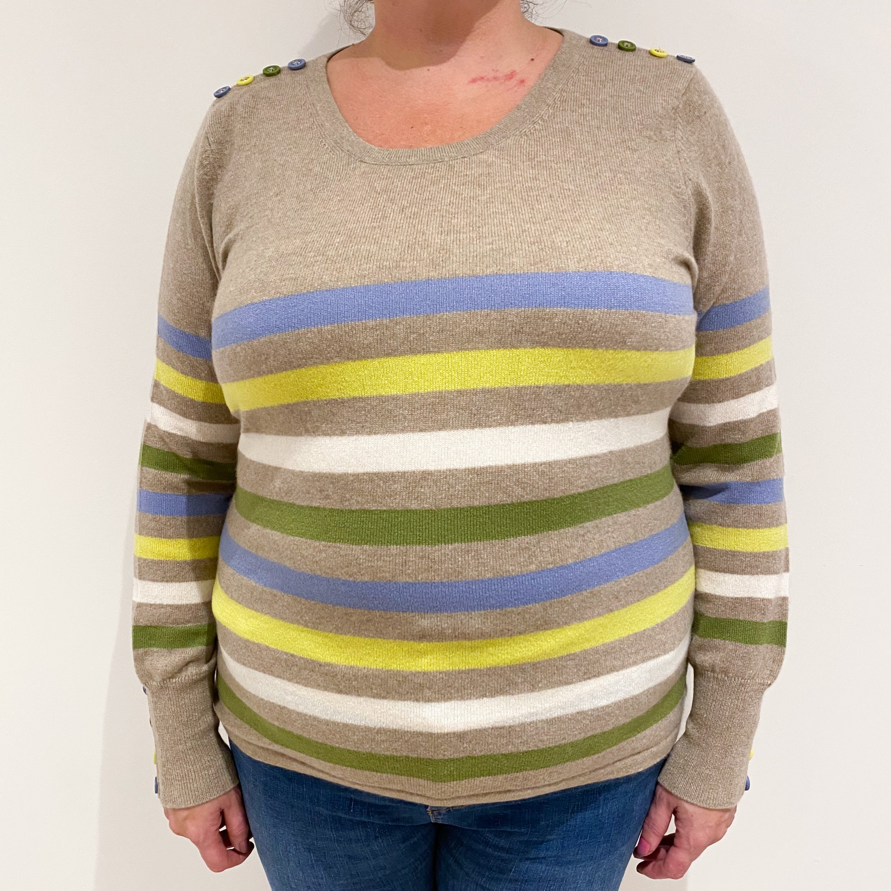 Fawn Beige Striped Cashmere Crew Neck Jumper Extra Large