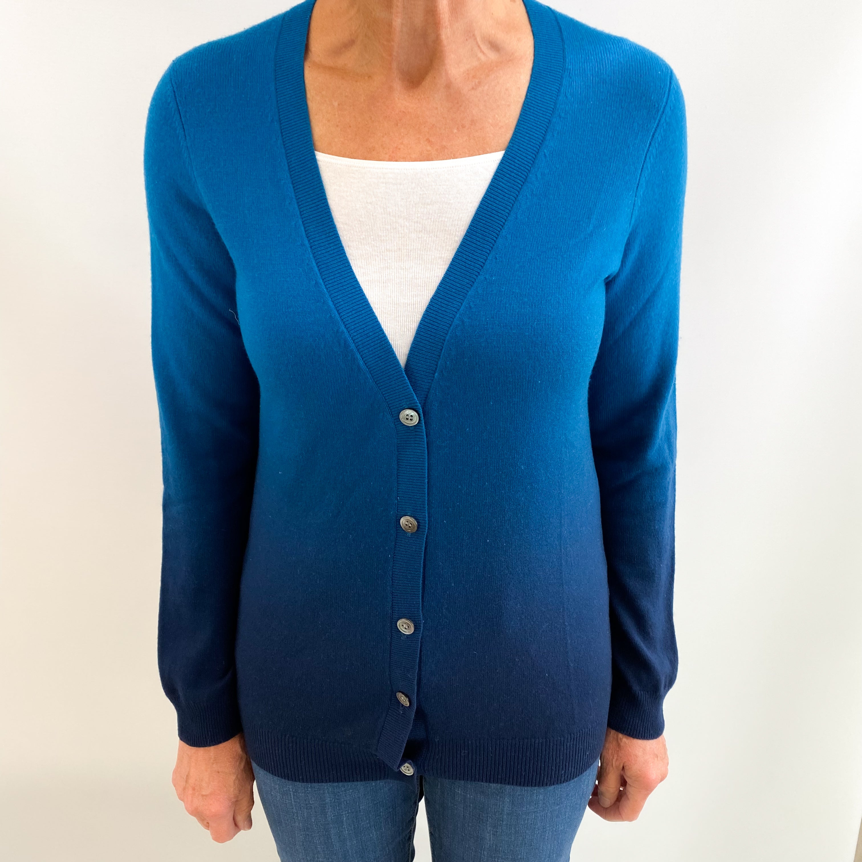 Teal and Navy Ombre Cashmere V Neck Cardigan Medium