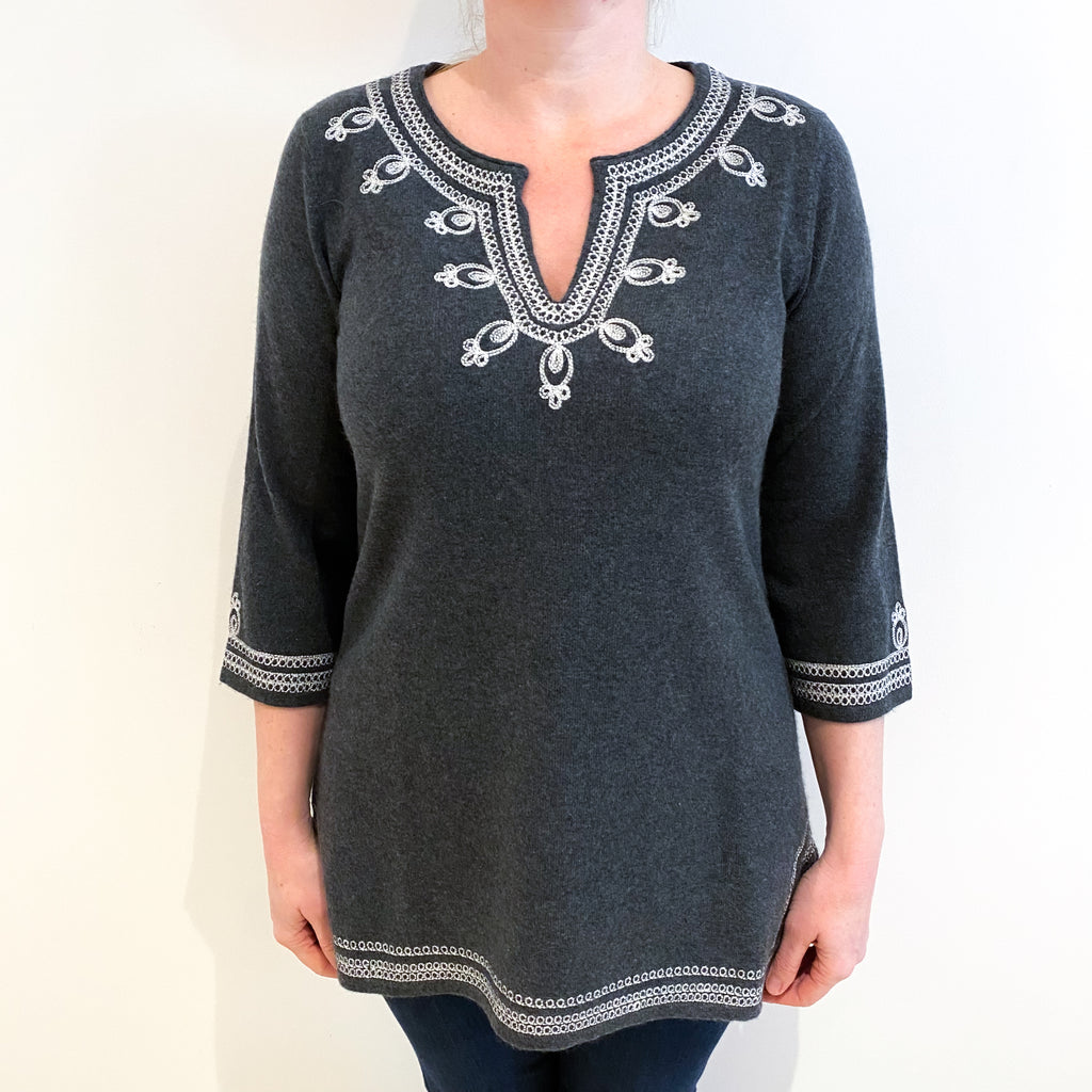 Grey Kaftan Style Cashmere Notch Neck Jumper Large