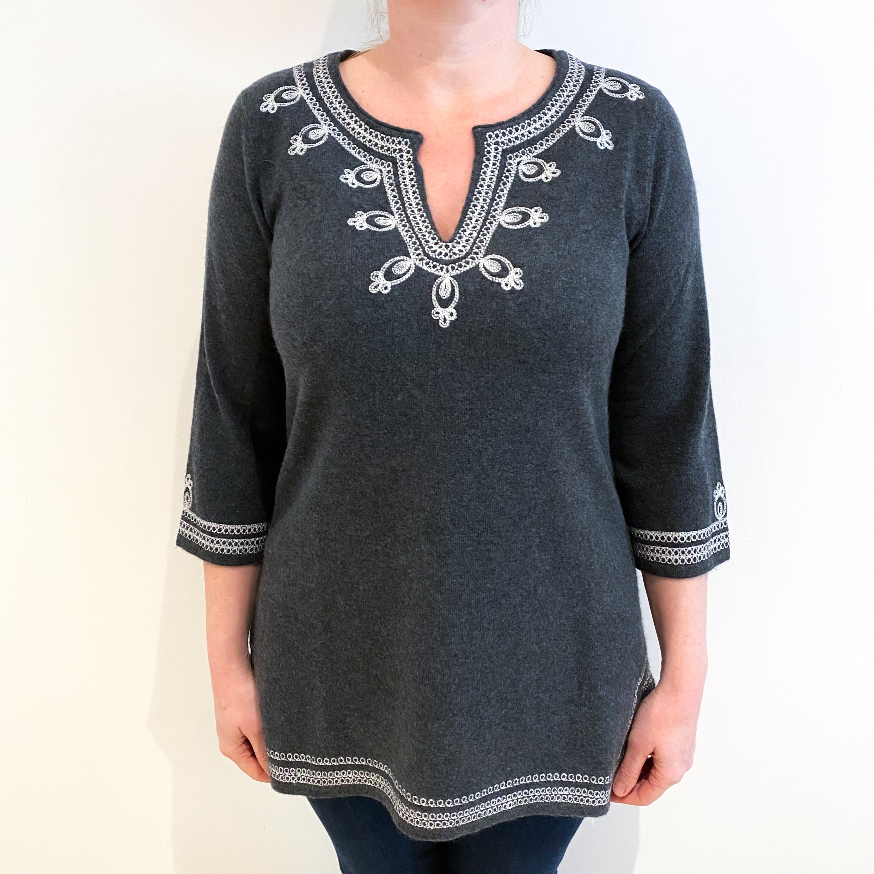 Grey Kaftan Style Cashmere Notch Neck Jumper Large