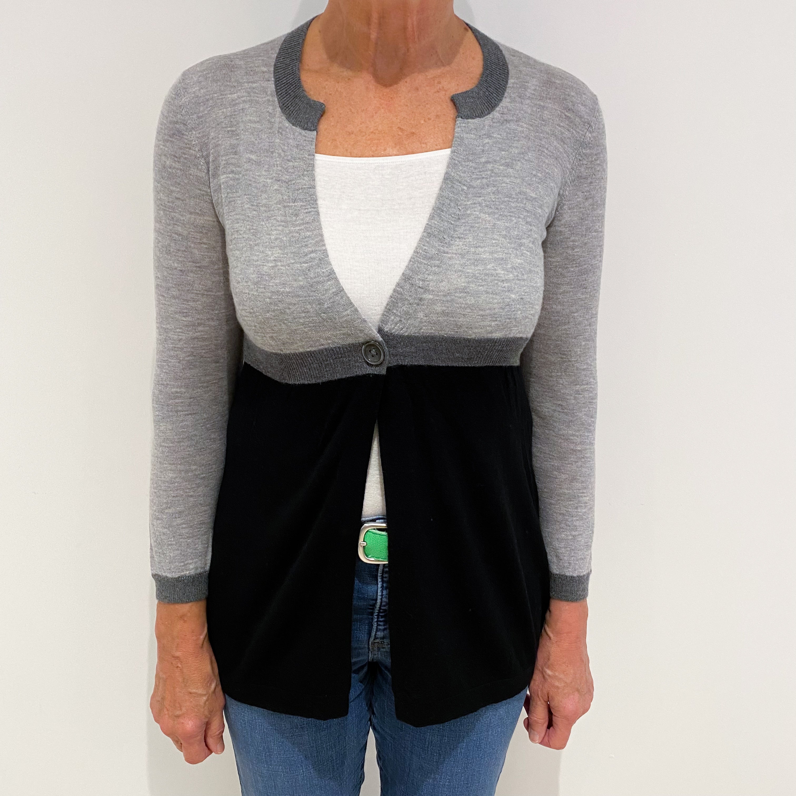 Black and Ash Grey Fine Knit Cashmere Empire Line Cardigan Medium