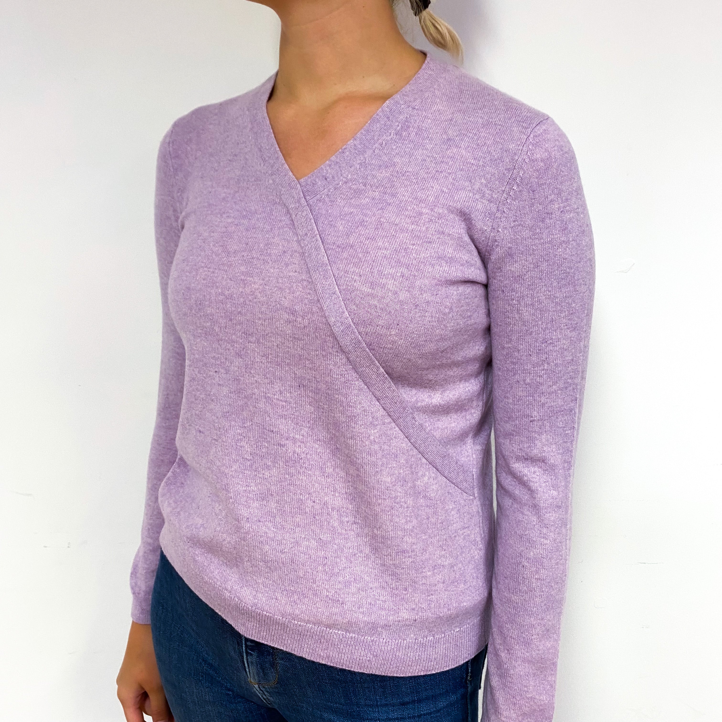 Lilac Purple Cross-Over Cashmere V-Neck Jumper Small