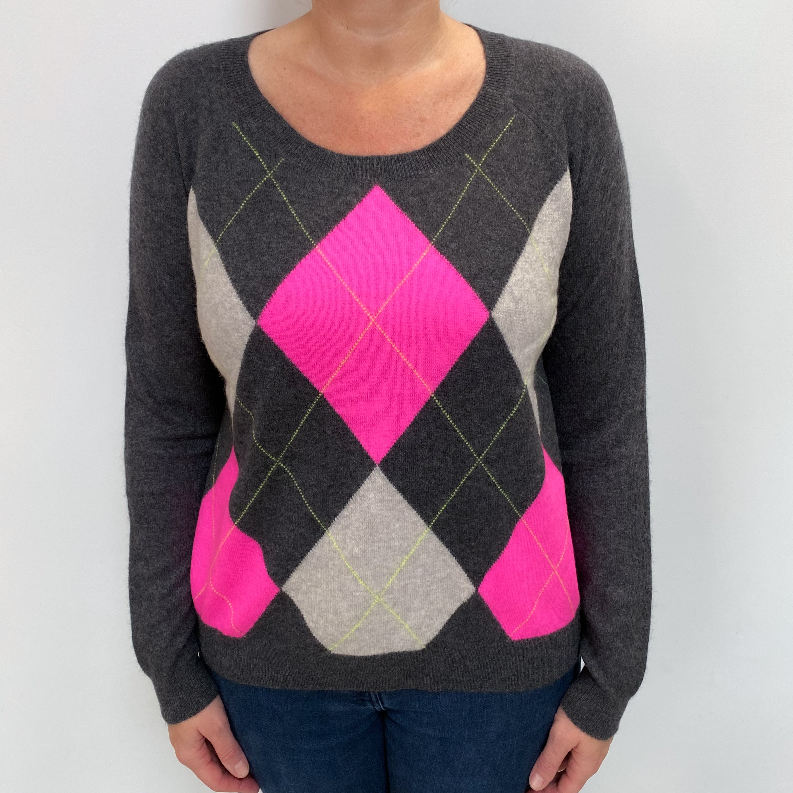 Charcoal and Pink Argyle Cashmere Crew Neck Jumper Large
