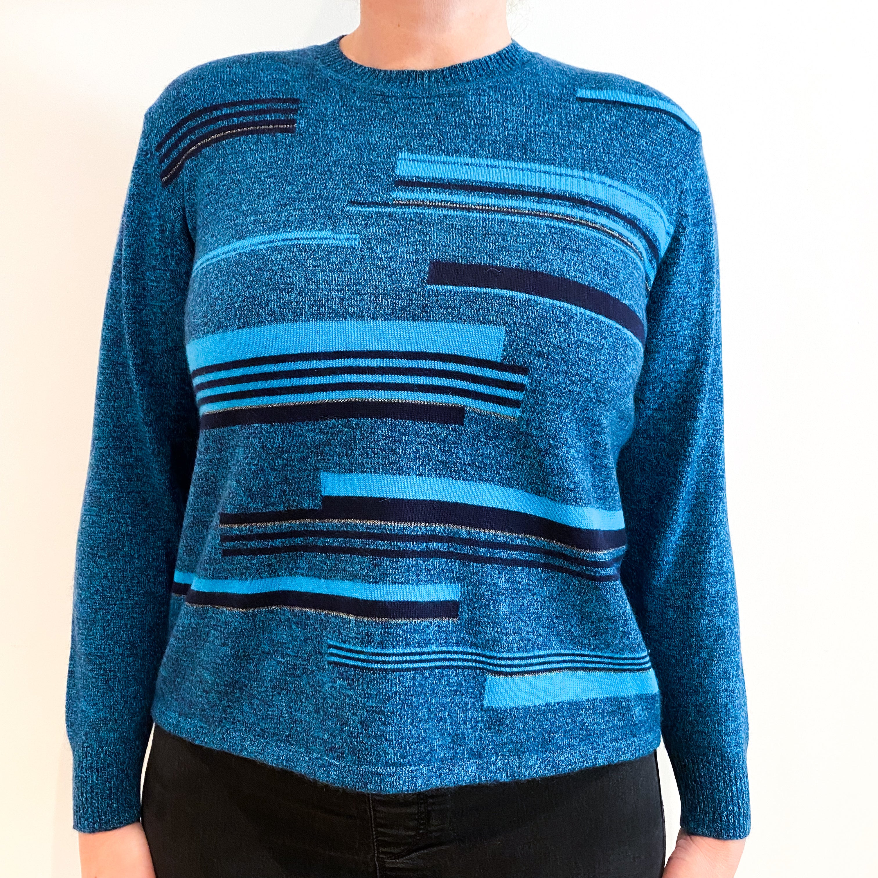 Turquoise and Navy Patterned Cashmere Crew Neck Jumper Large