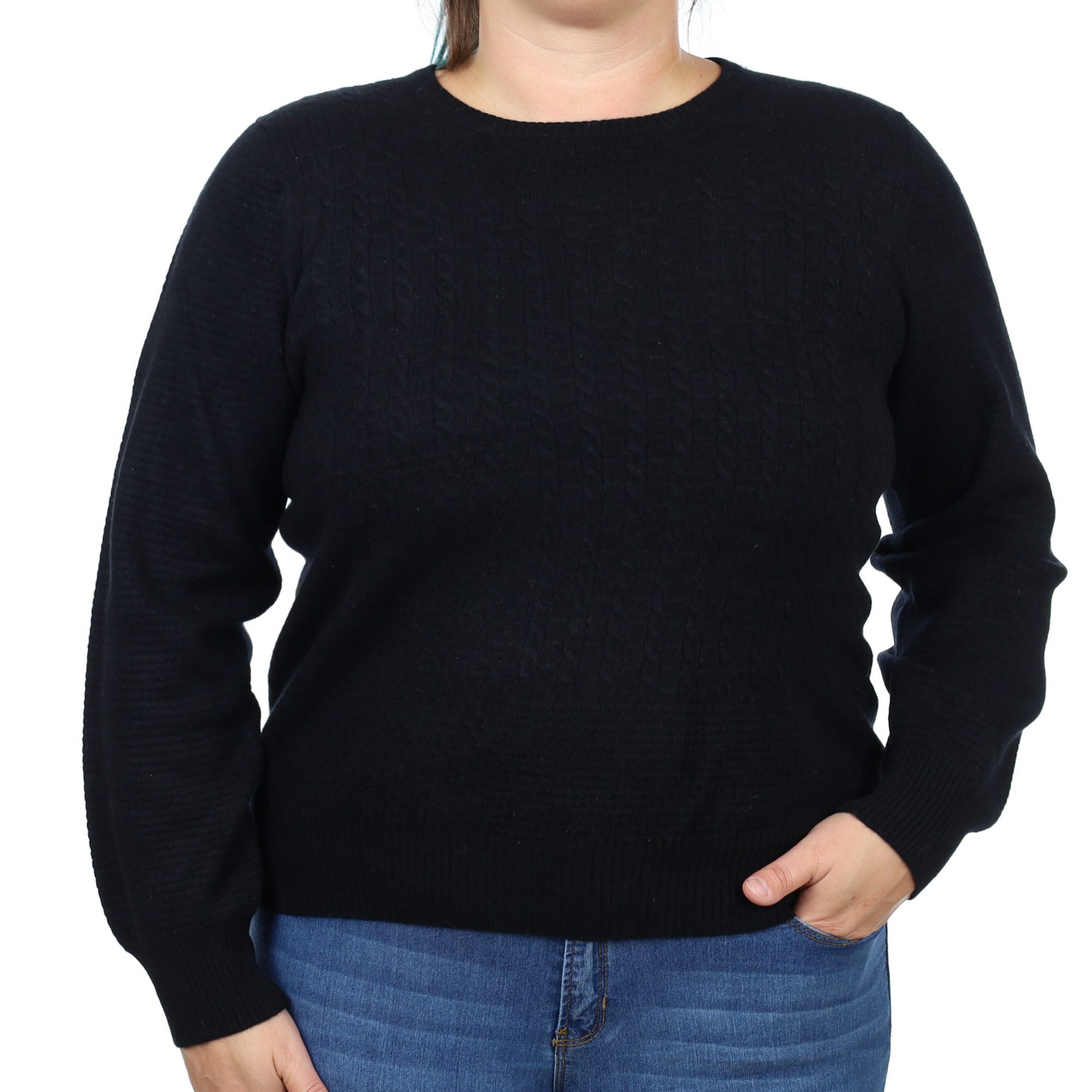 Black Cable Front Cashmere Crew Neck Jumper Large