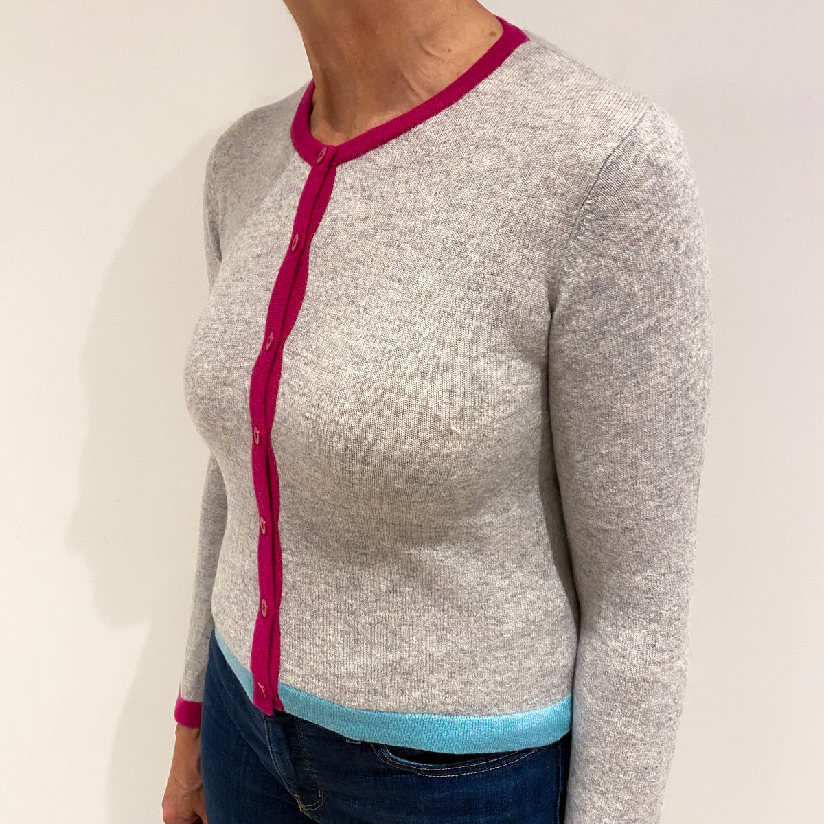 Mist Grey Cashmere Cropped Crew Cardigan Medium