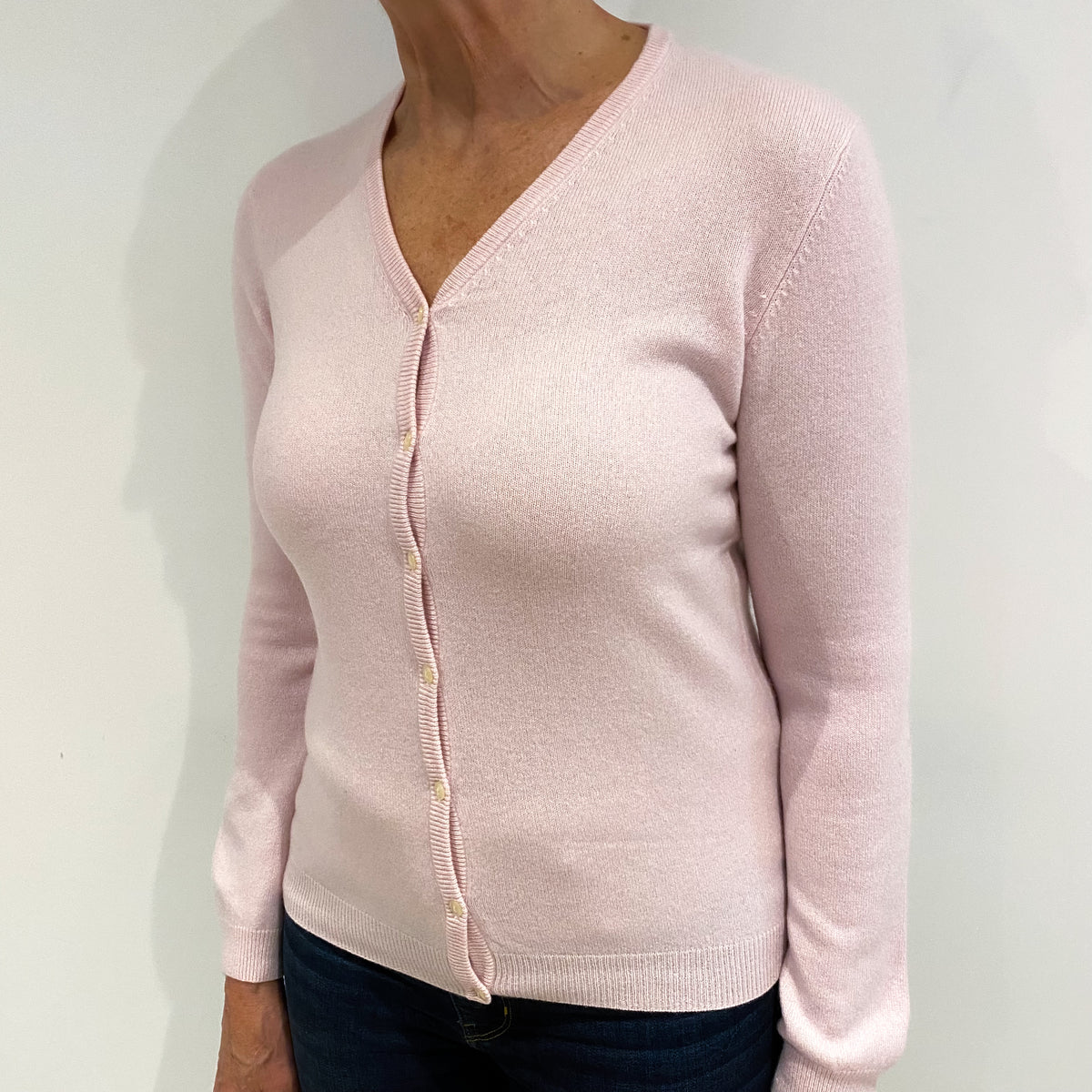 Pale Pink Cashmere V Neck Cardigan Medium
