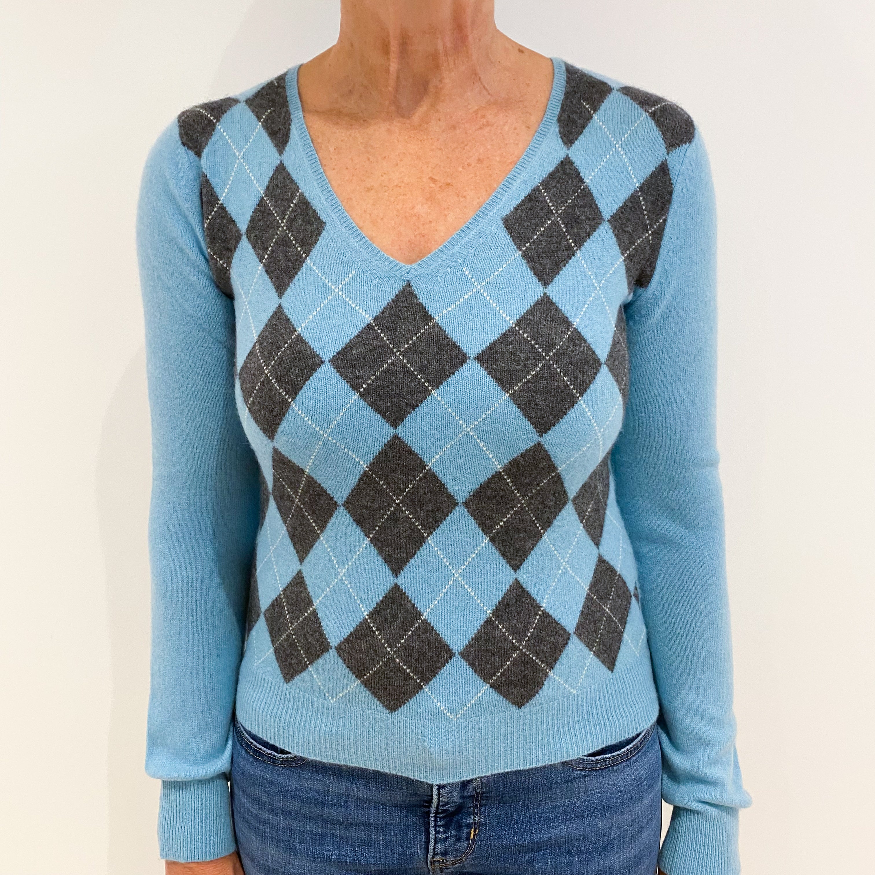 Aqua Blue Argyle Cashmere V-Neck Jumper Medium