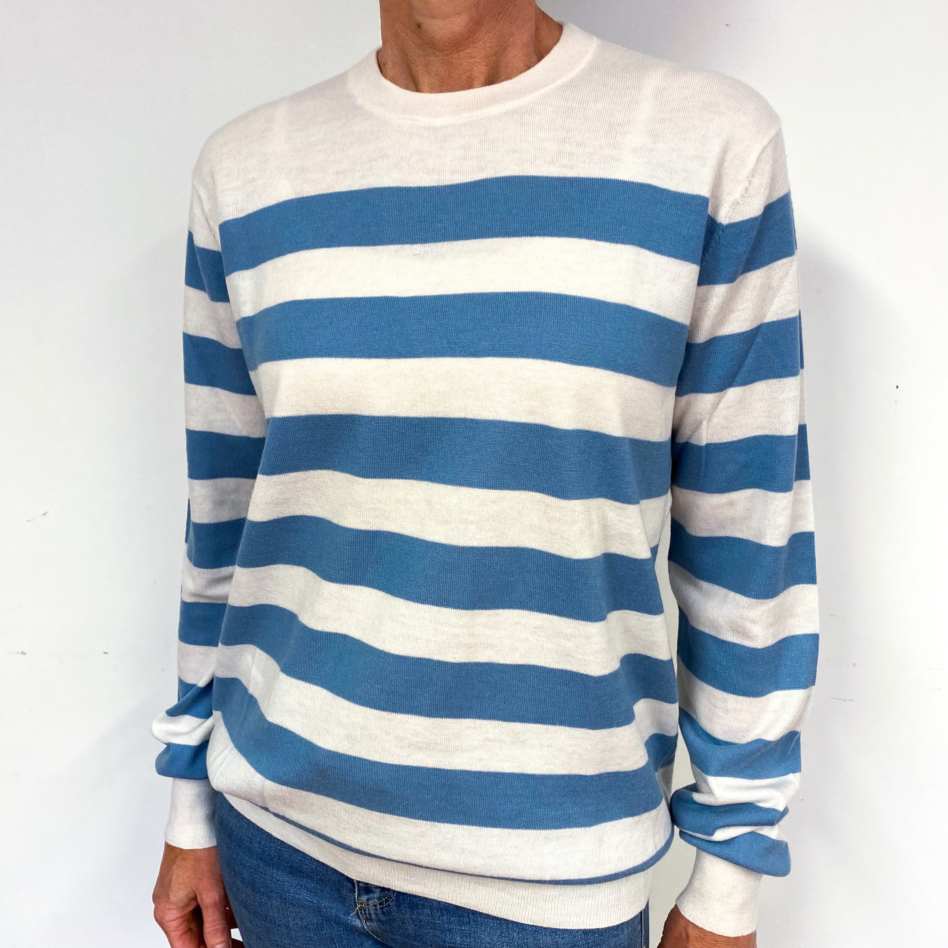 Joseph Cream Blue Fine Knit Cashmere Crew Neck Jumper Medium