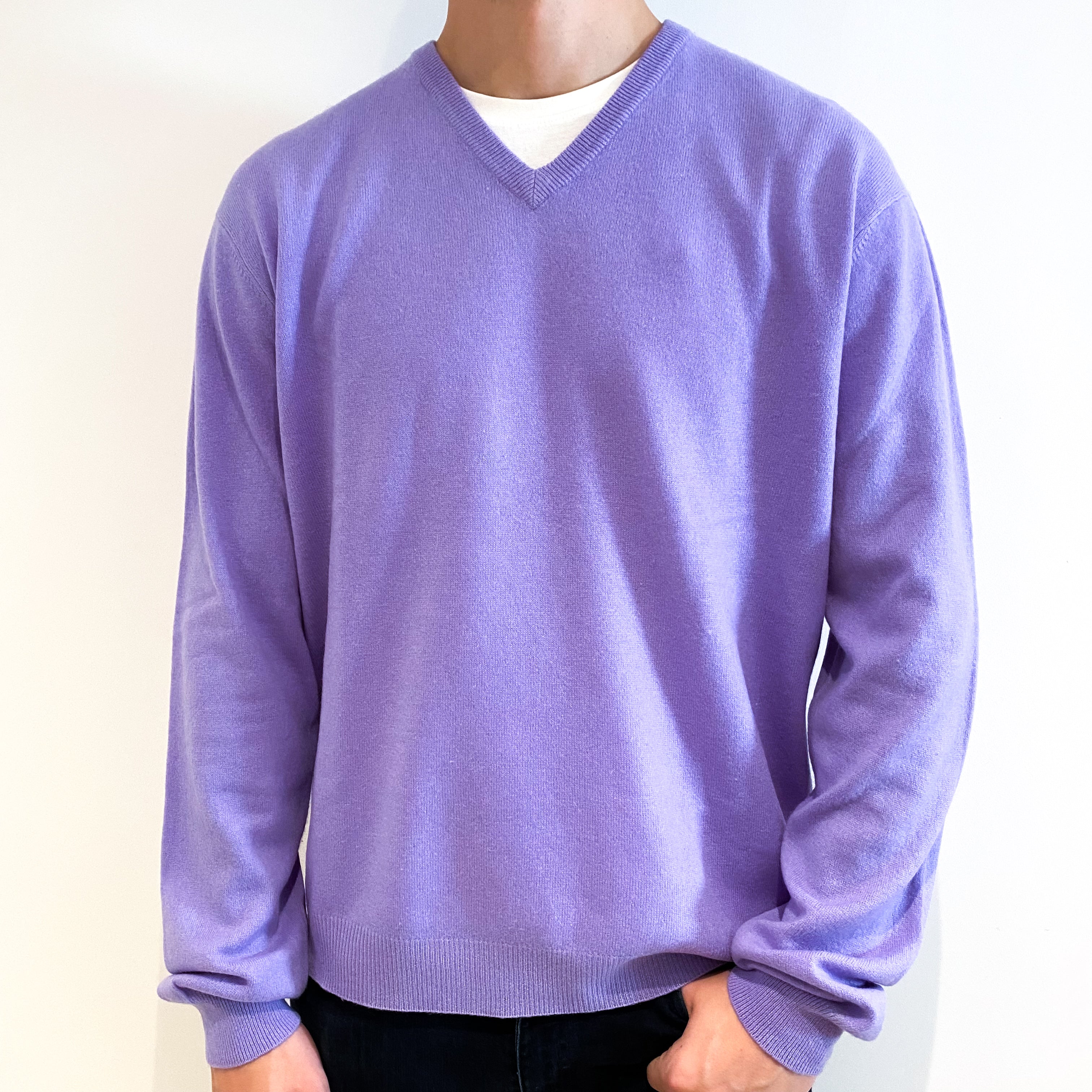 Men's Lavender Purple Cashmere V-Neck Jumper Extra Extra Large
