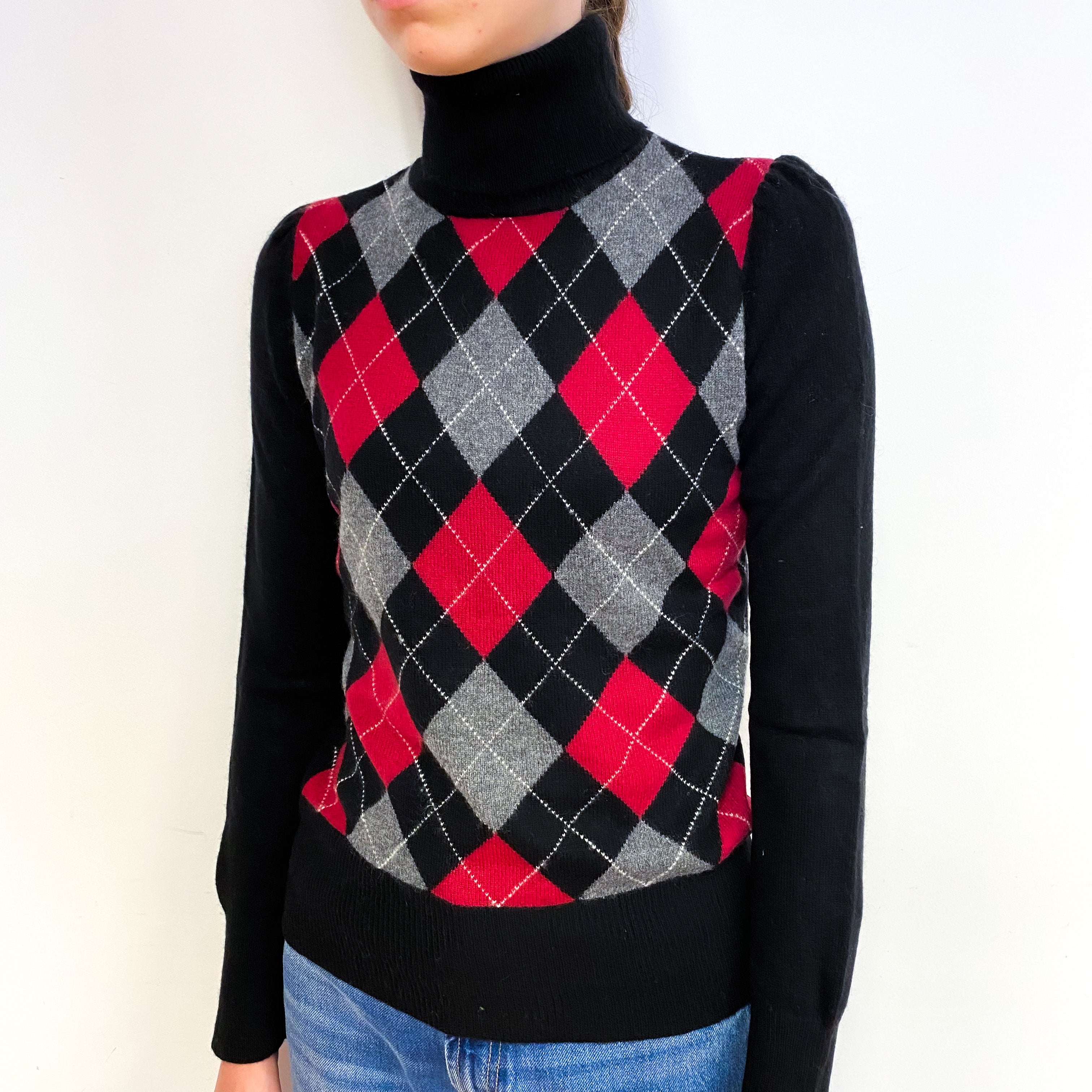 Black Red Argyle Cashmere Polo Neck Jumper Extra Small