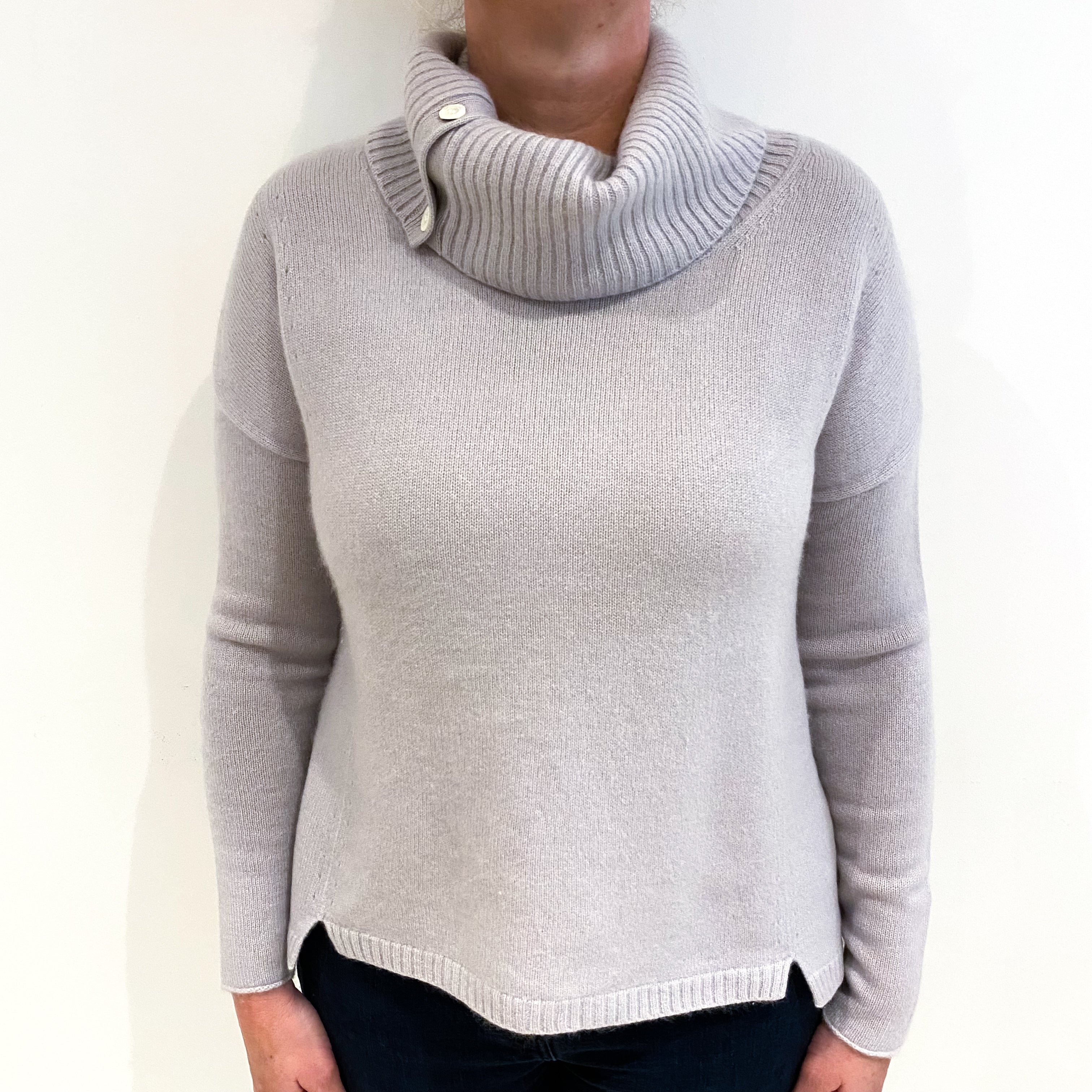 Frost Grey Cashmere Buttoned Cowl Neck Jumper Large