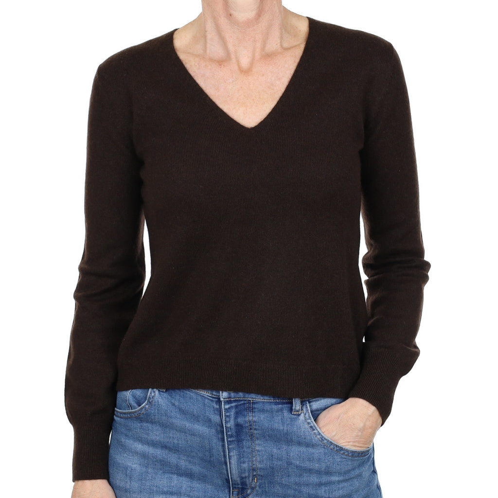 Dark Chocolate Brown Cashmere V Neck Jumper Small