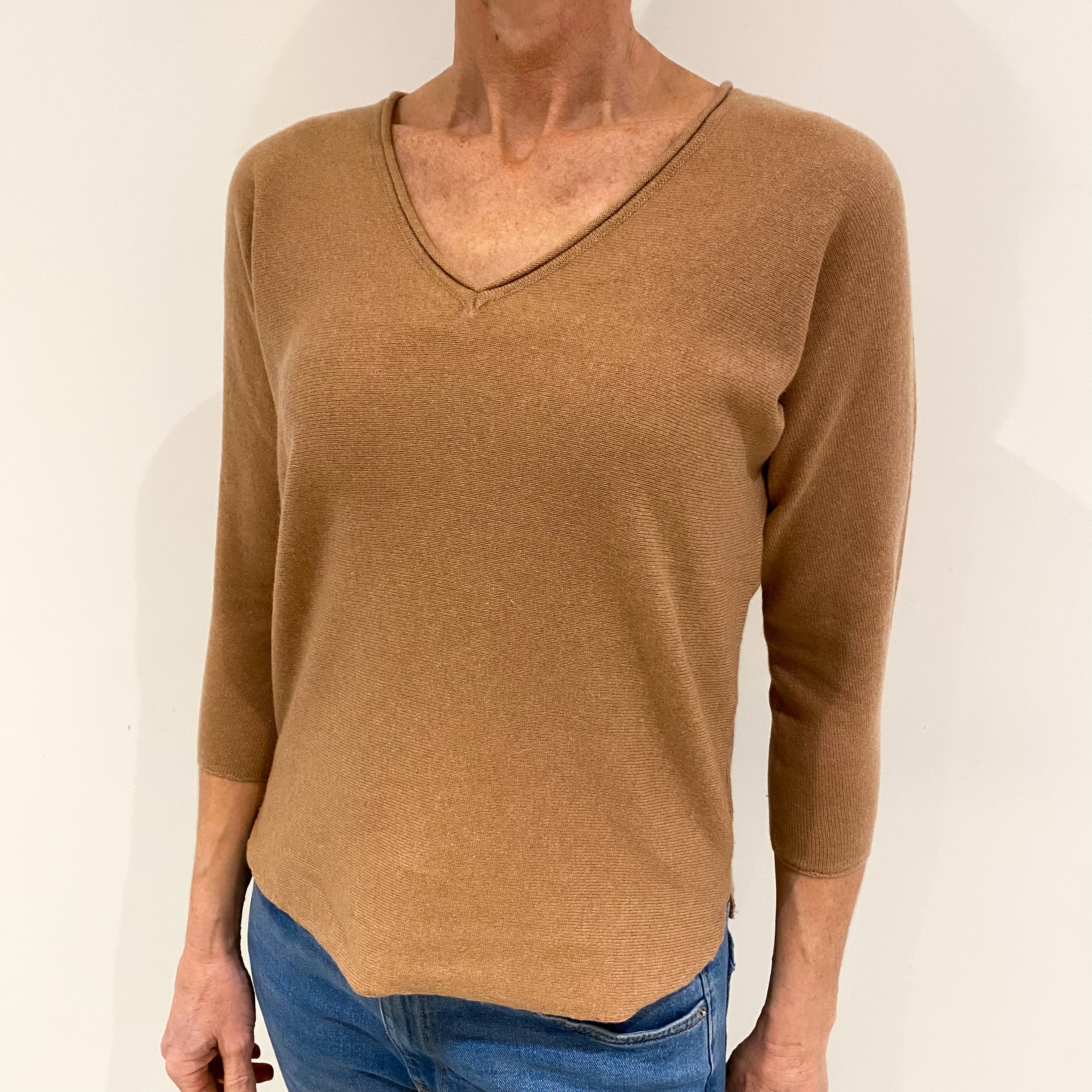 Caramel Brown Cashmere V Neck Jumper with Split Hem Small