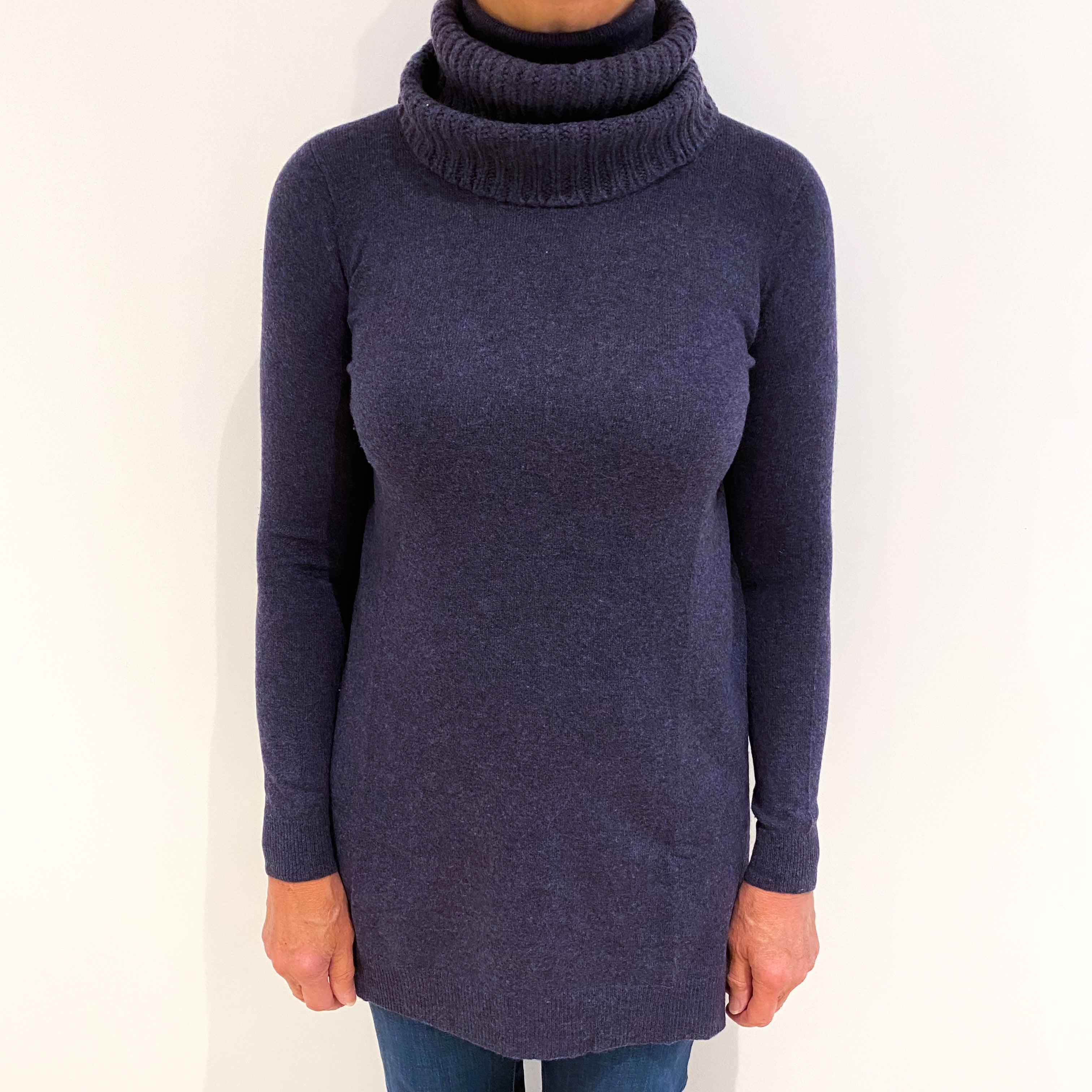 Theory Dark Denim Chunky Longline Cashmere Polo Neck Jumper Medium