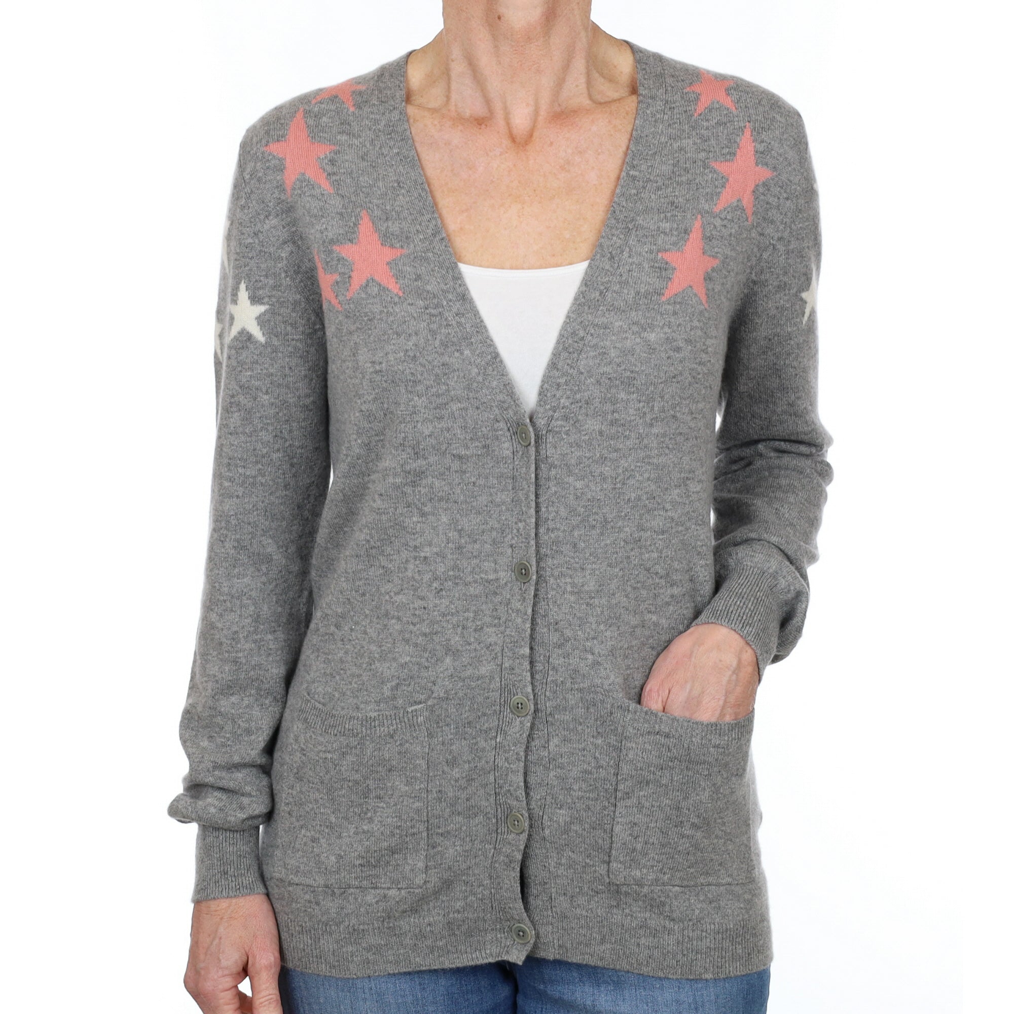 Chinti and Parker Ash Grey Star Cashmere V Neck Cardigan Small