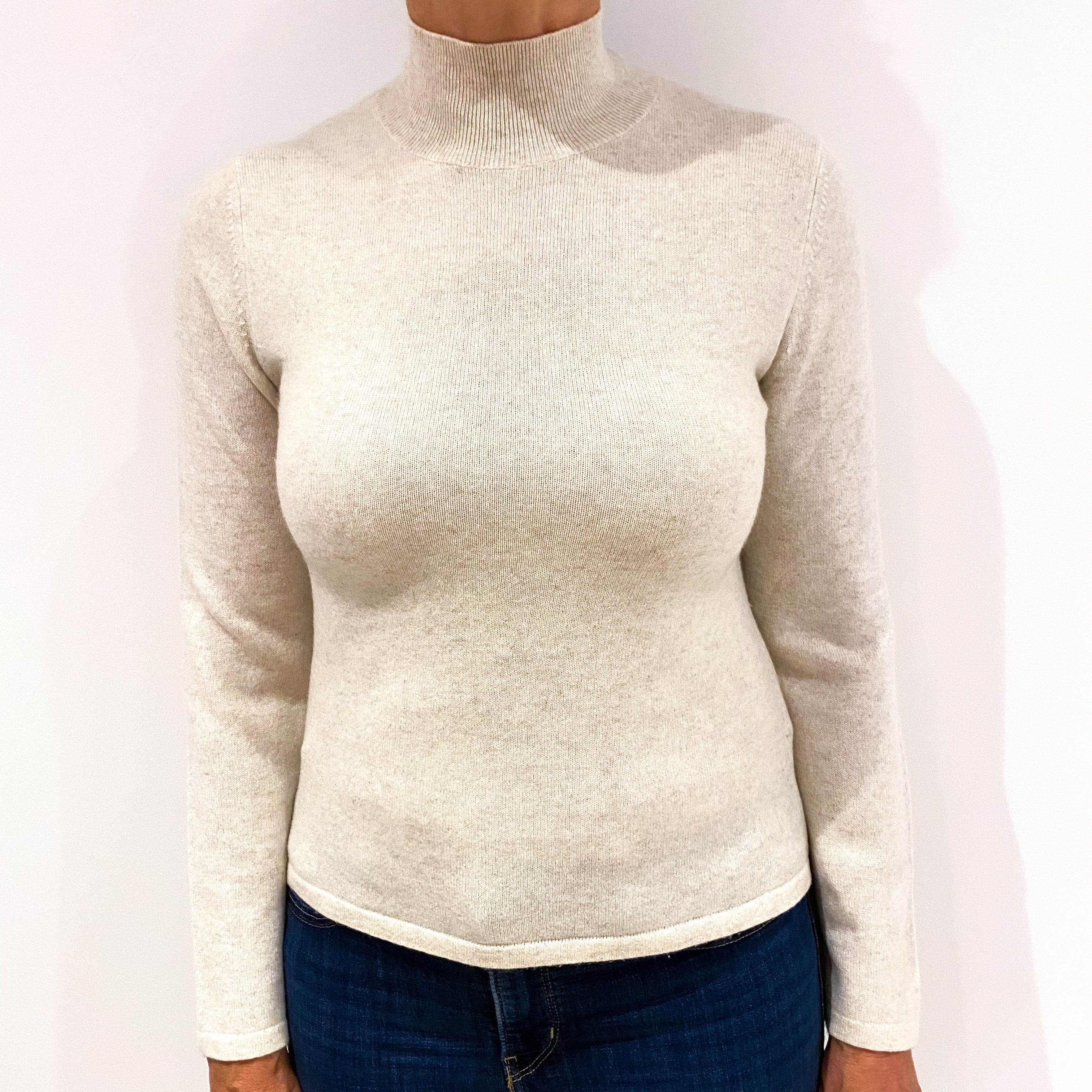 Oatmeal Beige Cashmere Polo Neck Jumper Medium