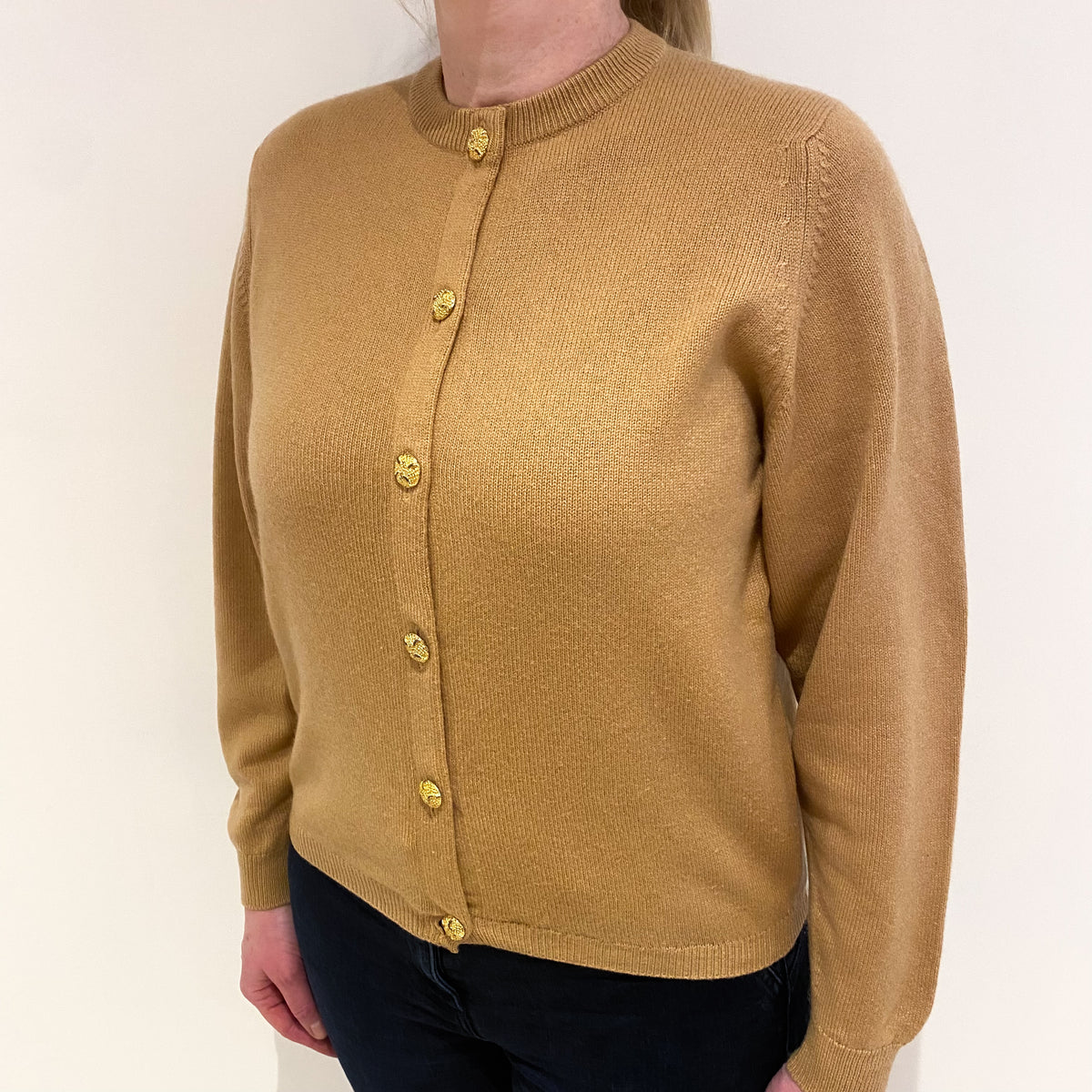 Vintage Scottish Camel Brown Cashmere Crew Neck Cardigan Large