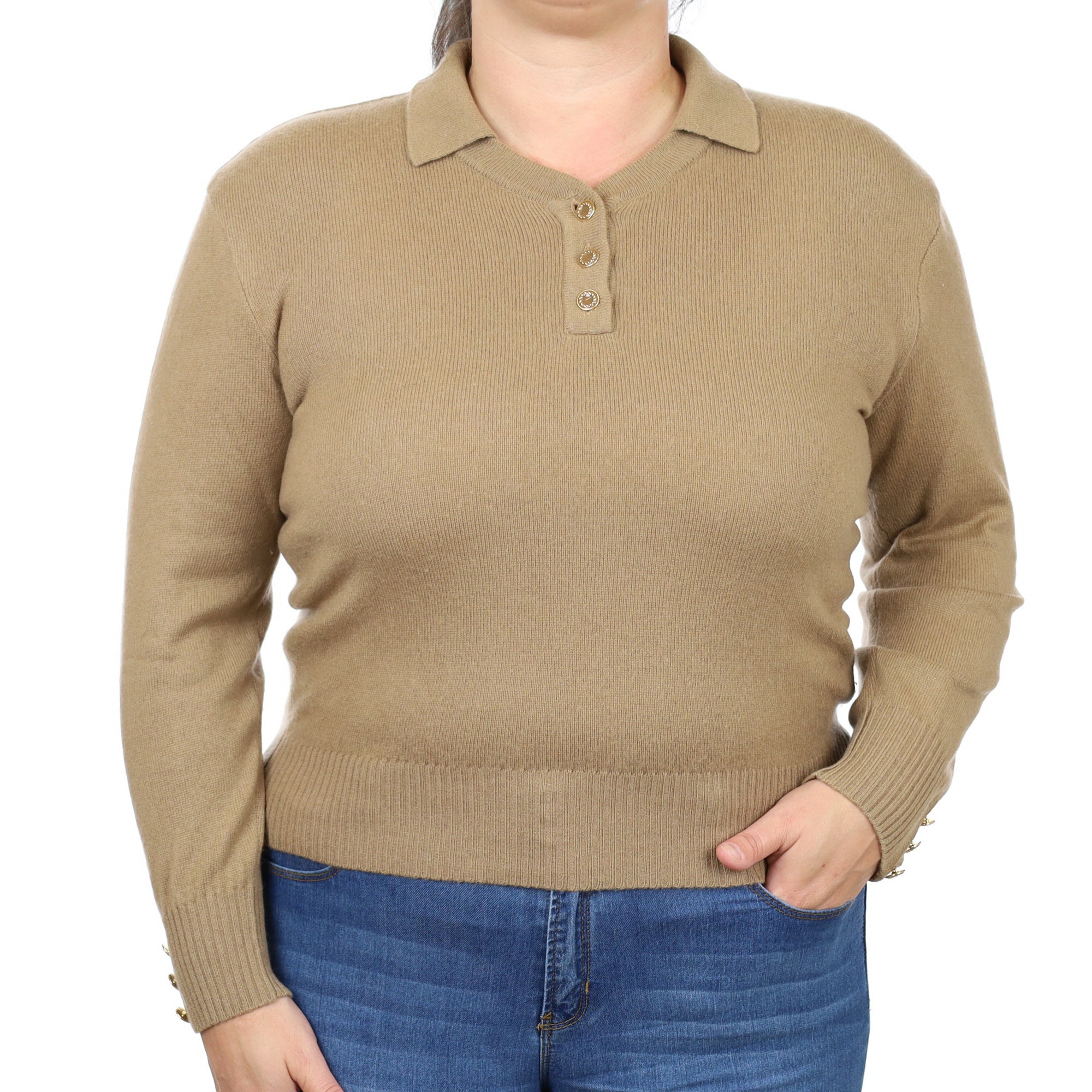 Camel Brown Cashmere Collared V Neck Jumper Large