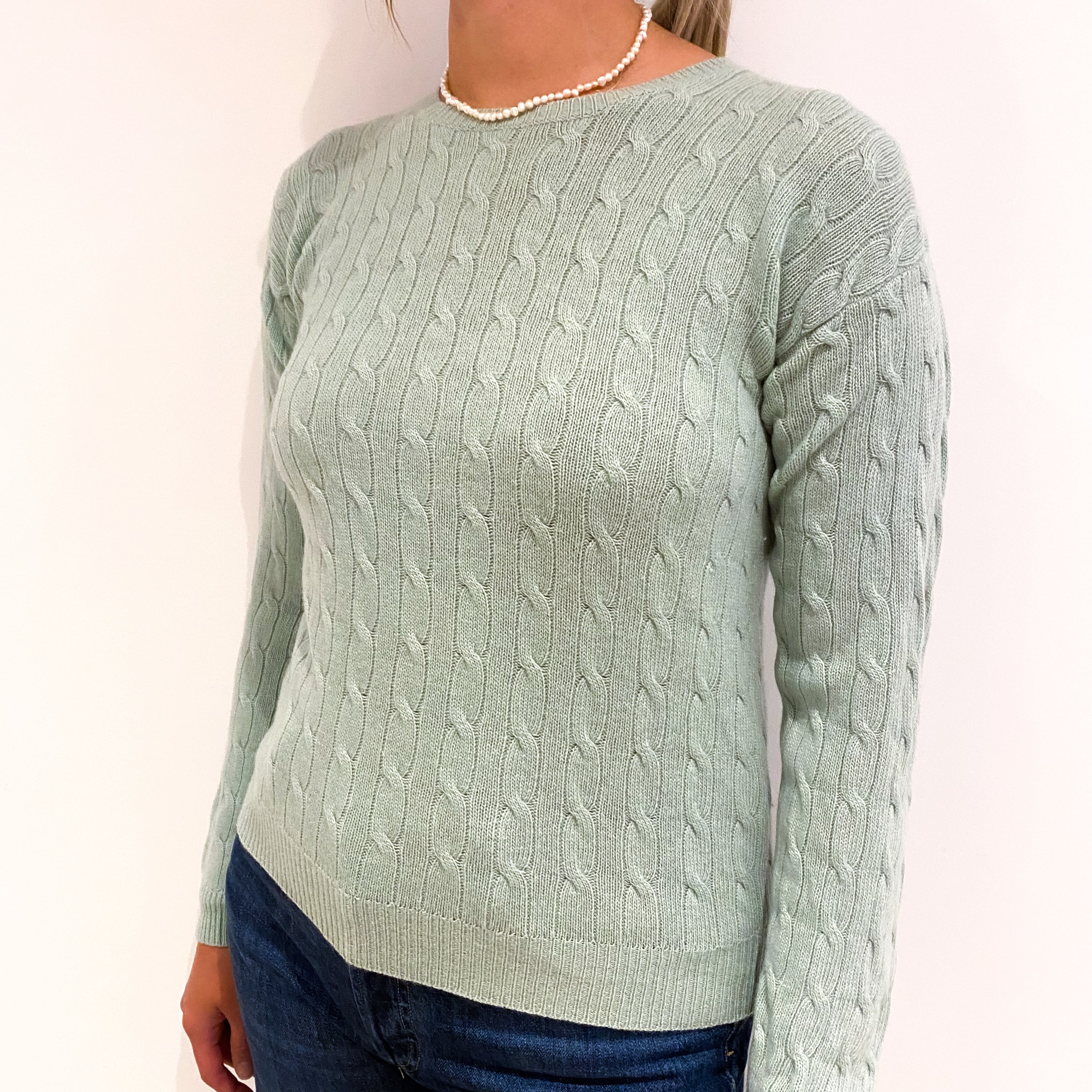 Sea Green Cable Knit Cashmere Crew Neck Jumper Small