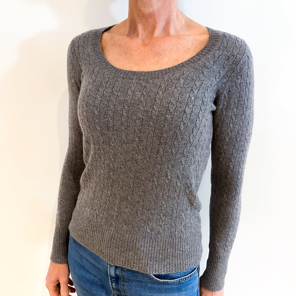 Ash Grey Cable Cashmere Scoop Neck Jumper Small