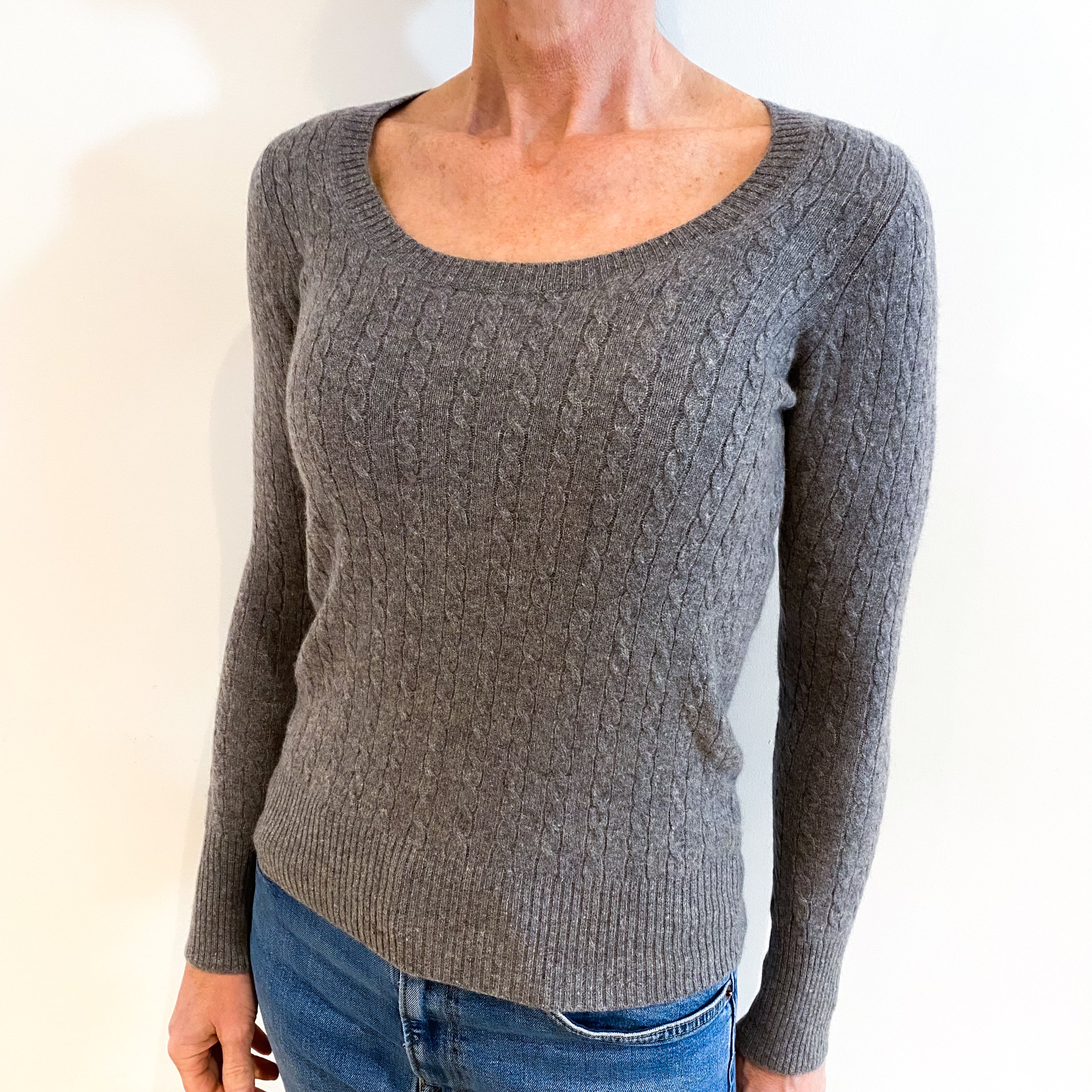 Ash Grey Cable Cashmere Scoop Neck Jumper Small