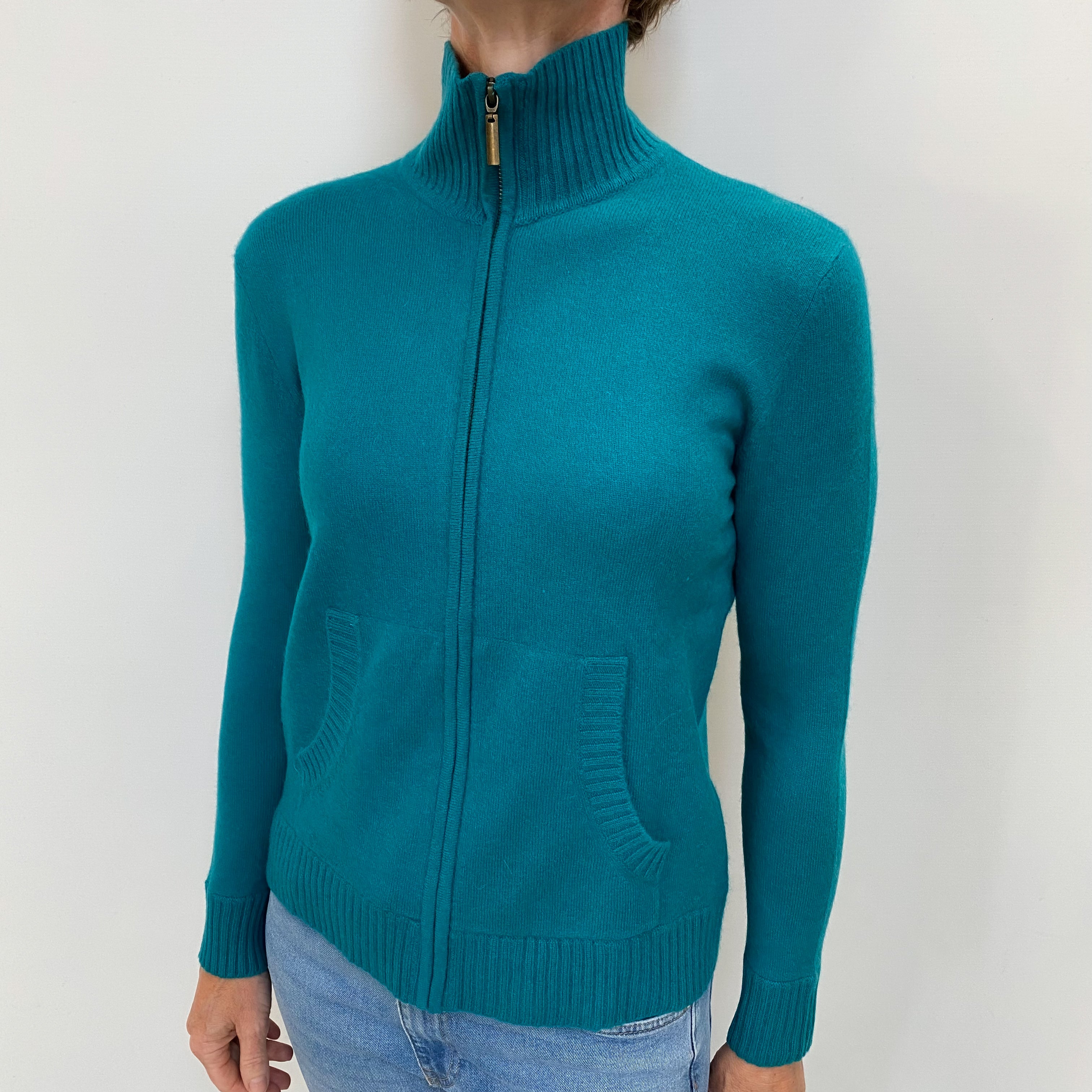 Neiman Marcus Teal Green Cashmere Zip Up Cardigan Small