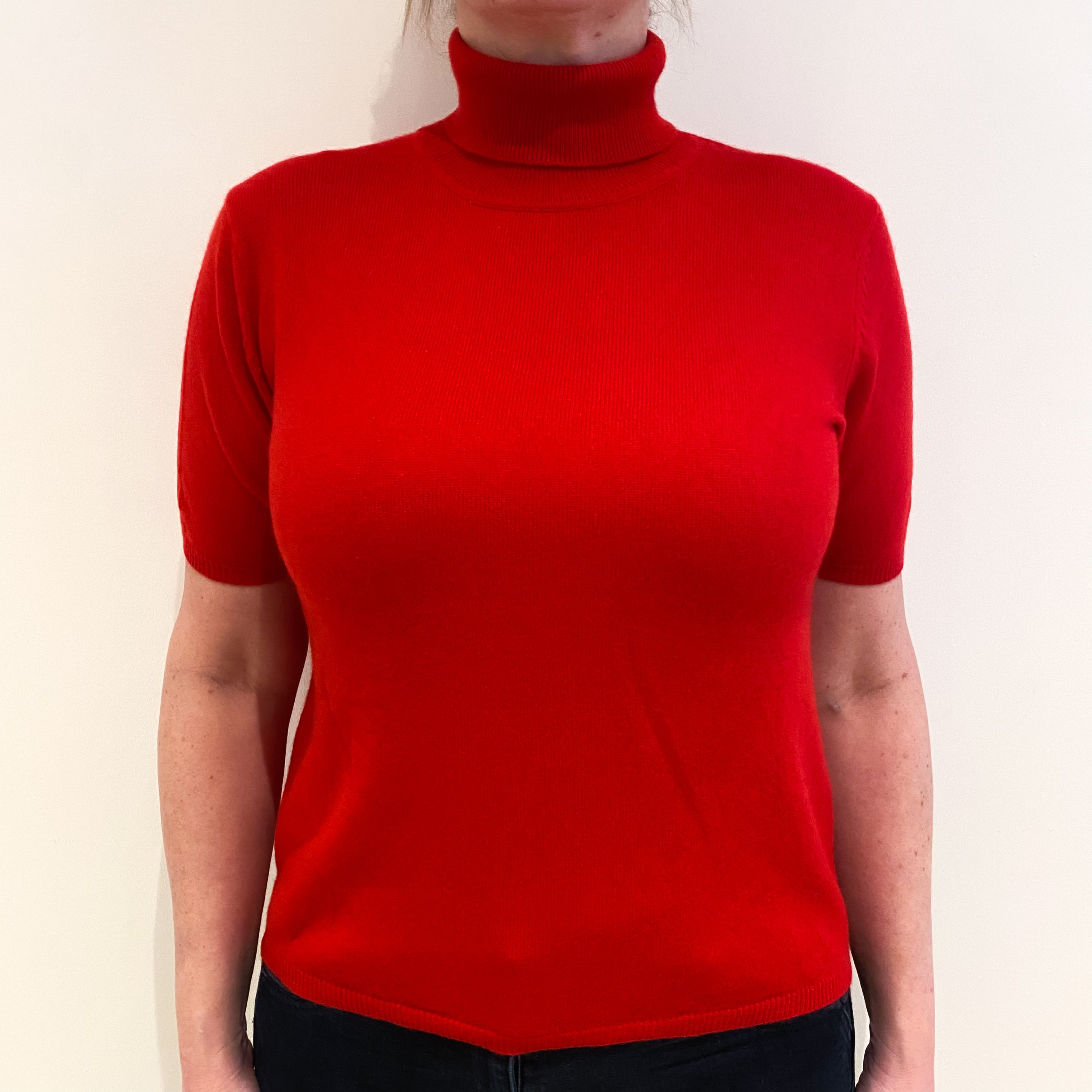 Berry Red Cashmere Polo Neck Short Sleeved Jumper Large