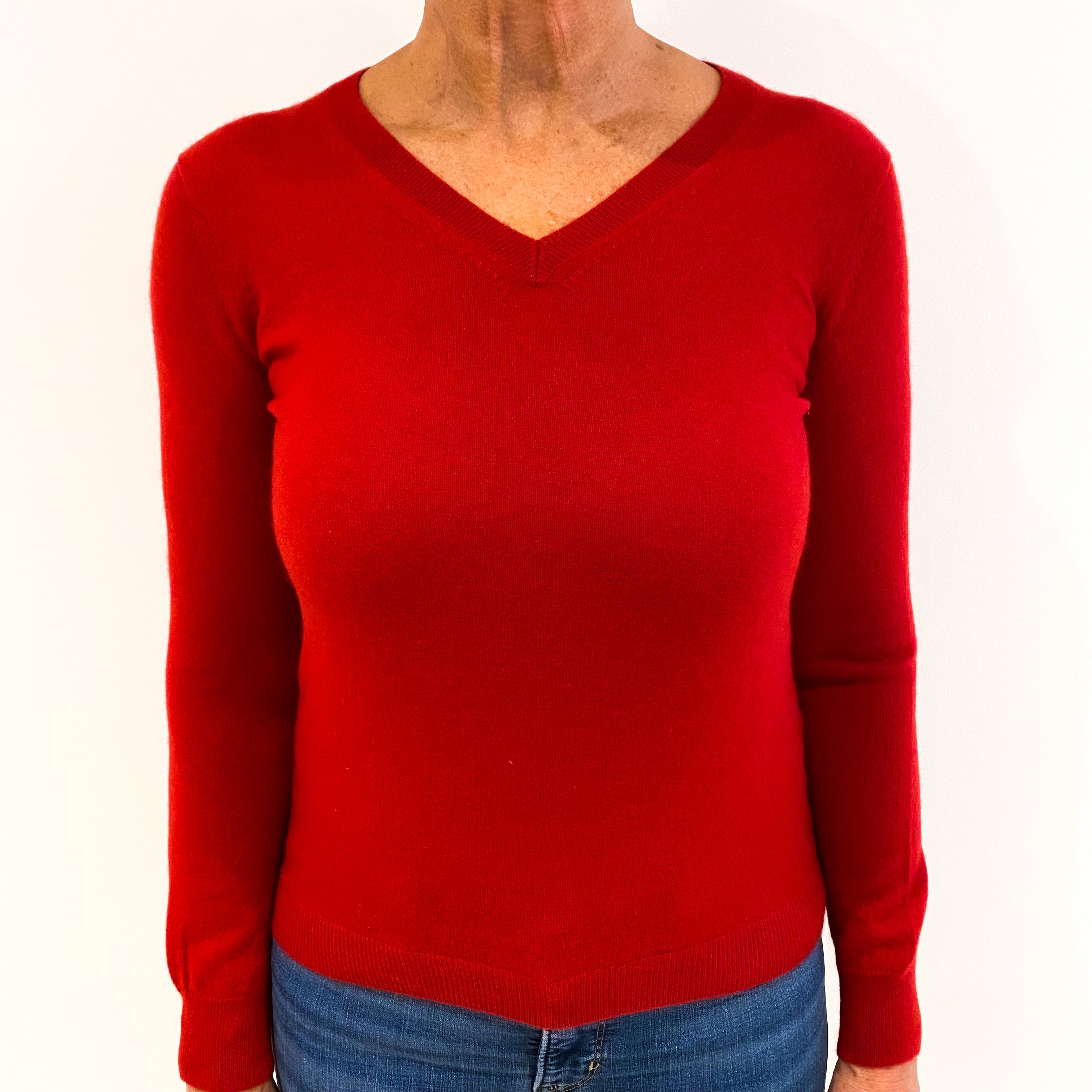 Post Box Red Cashmere V-Neck Jumper Medium