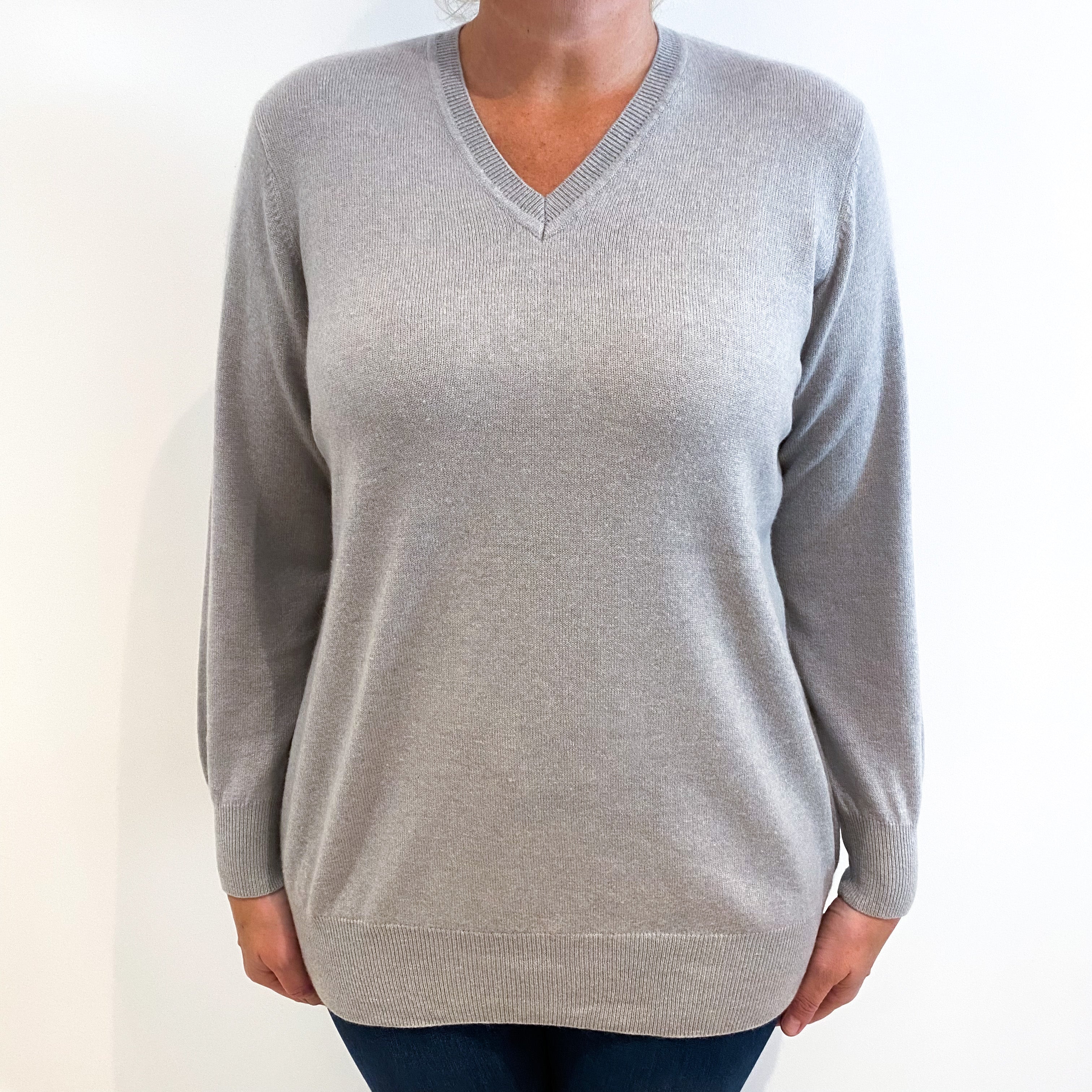 Mist Grey Cashmere V-Neck Jumper Large