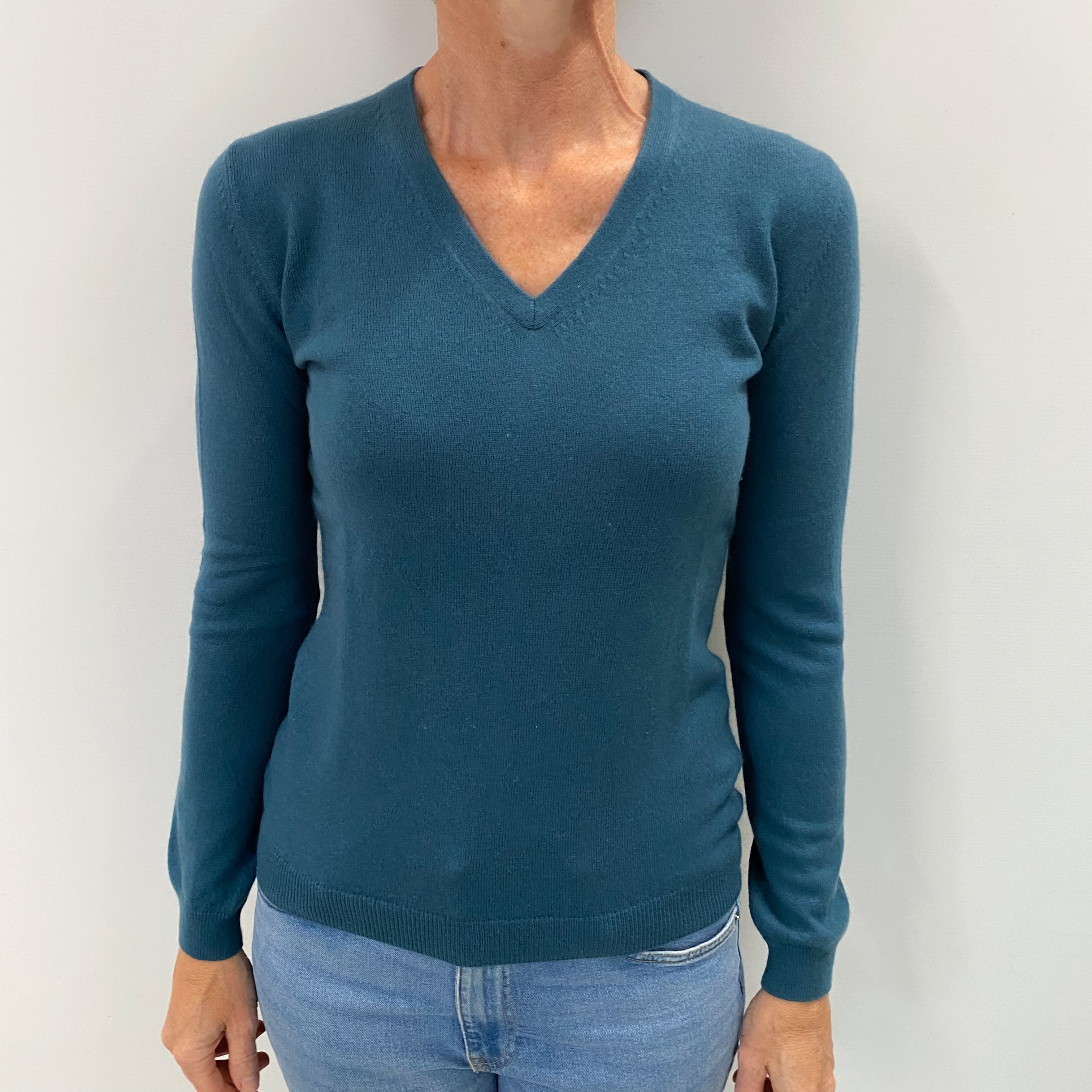 Petrol Blue Cashmere V Neck Jumper Small