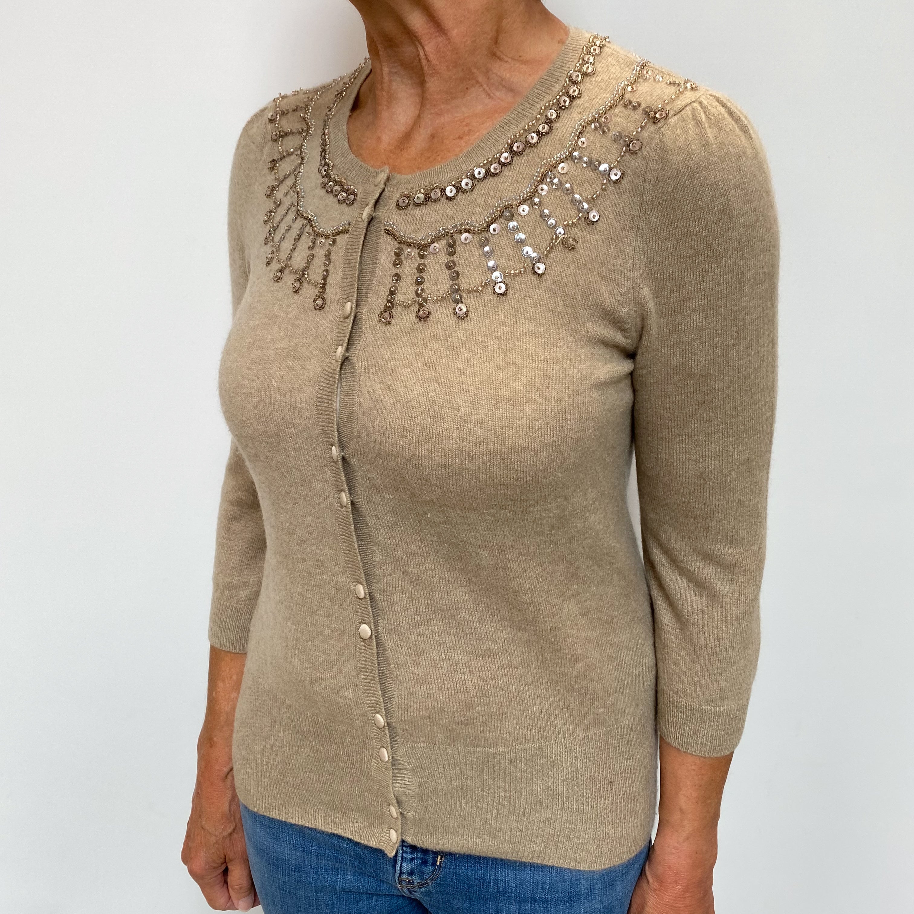 Taupe Brown Embellished Cashmere Crew Neck Cardigan Medium