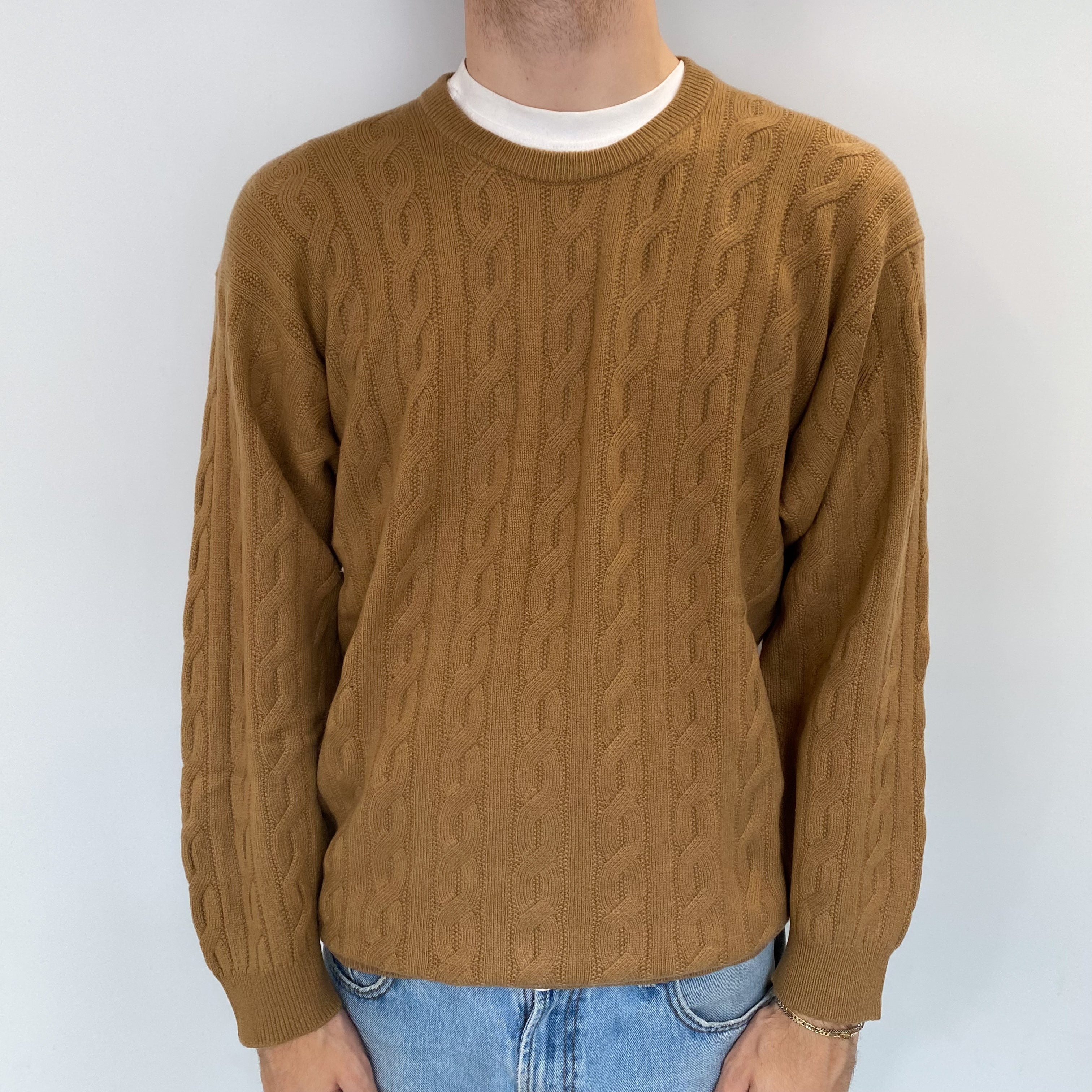 Men's Butterscotch Brown Cable Cashmere Crew Neck Jumper Large