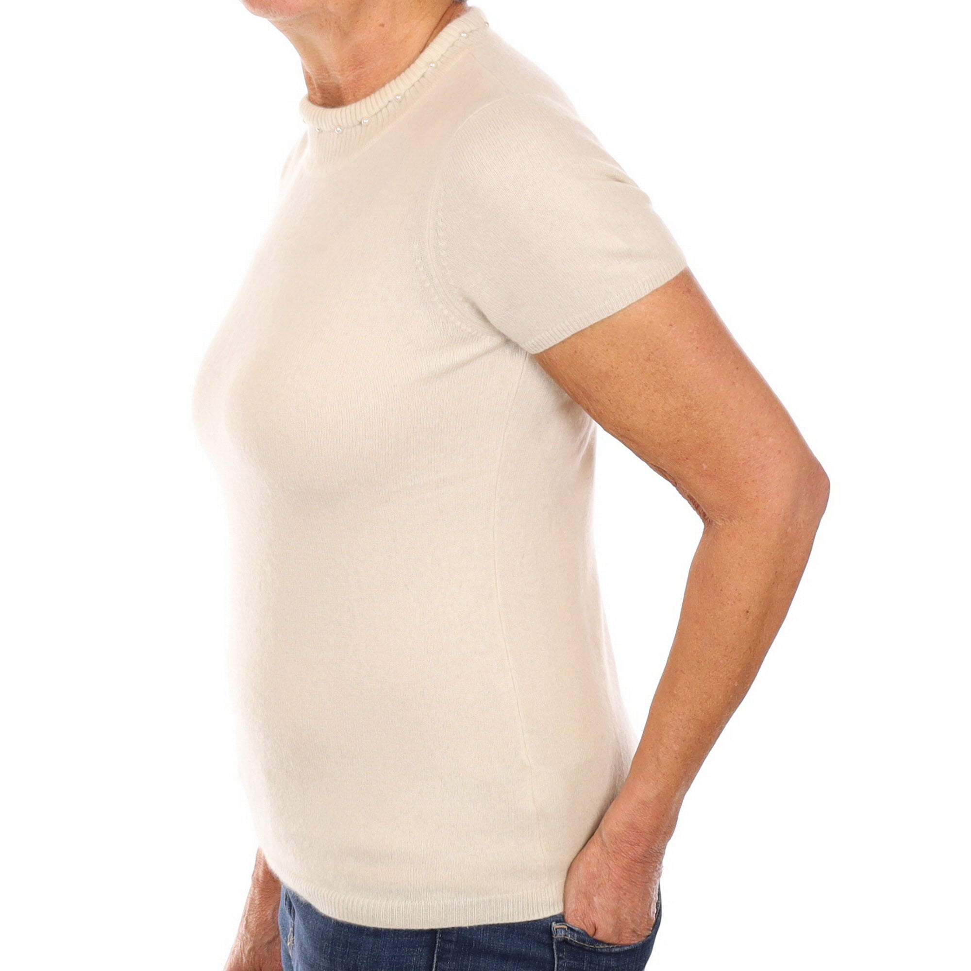 Cream Peal Trimmed Cashmere Short Sleeve Turtle Neck Jumper Medium