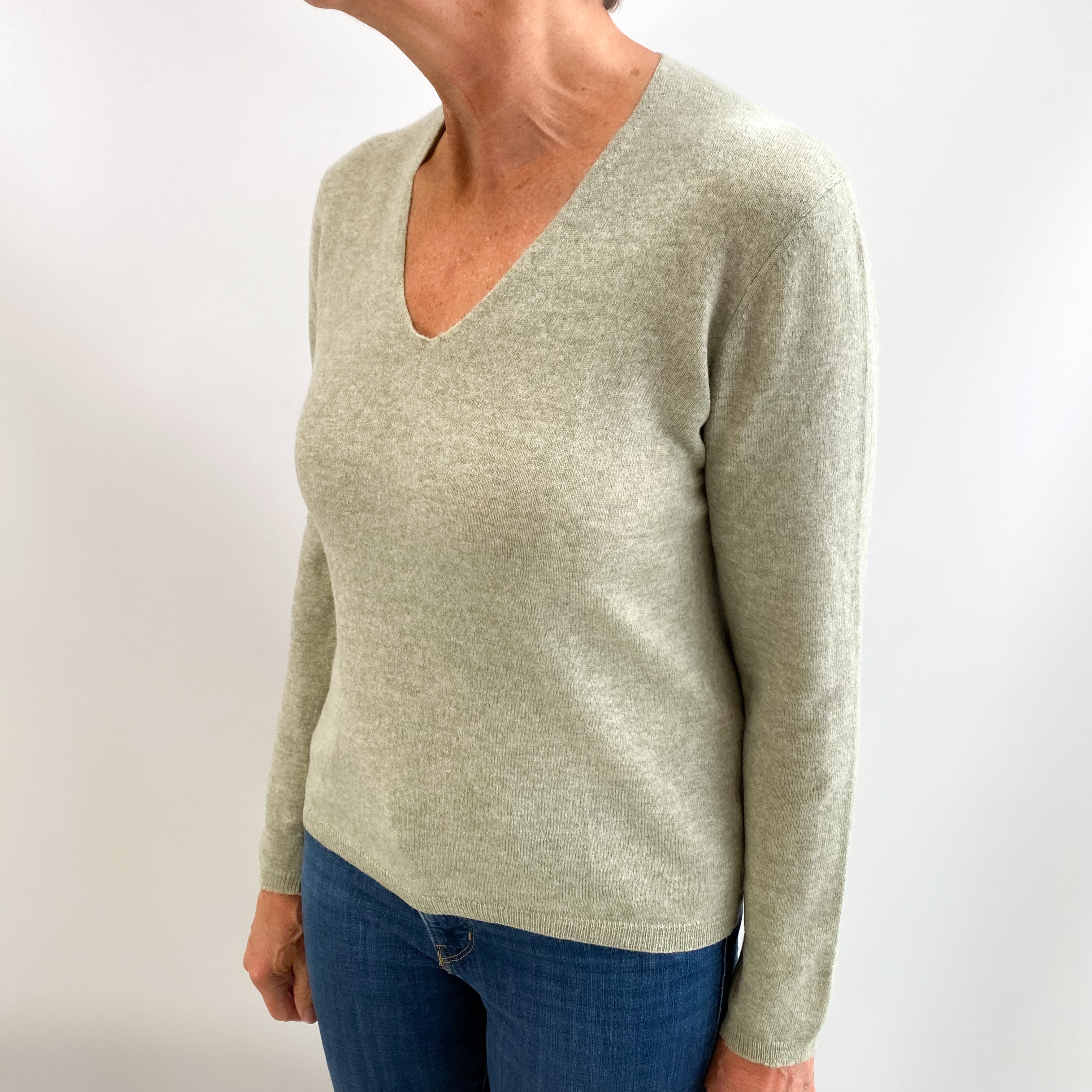 Chicory Green Cashmere V Neck Jumper Medium