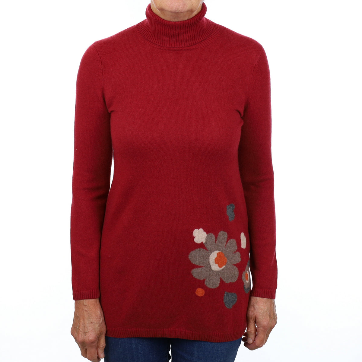 Crimson Floral Cashmere Longline Polo Neck Jumper Medium