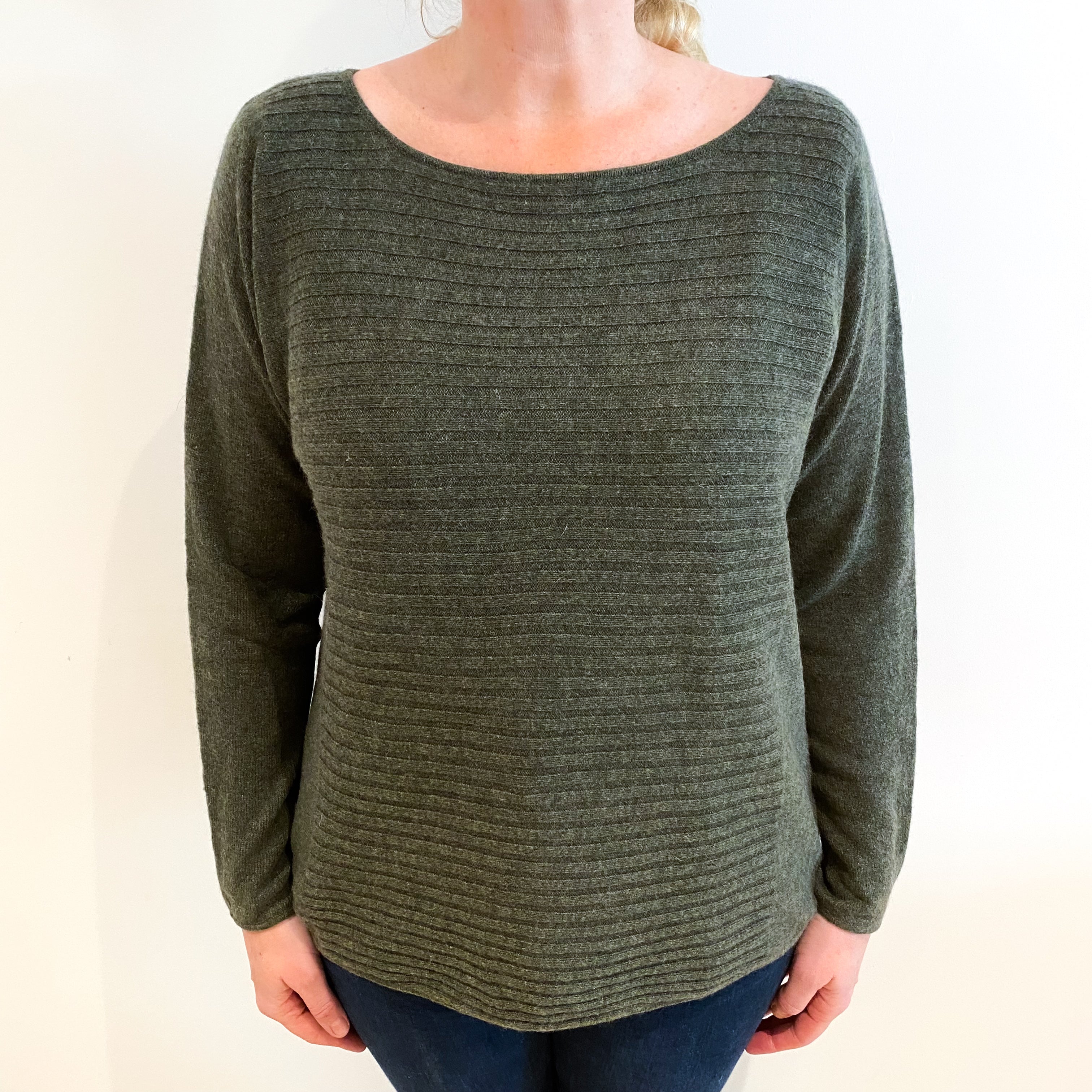 Khaki Green Cashmere Batwing Slash Neck Jumper Large