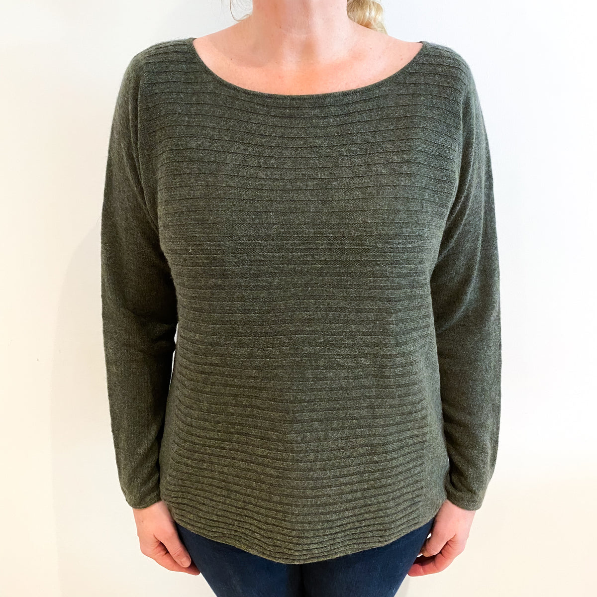 Khaki Green Cashmere Batwing Slash Neck Jumper Large