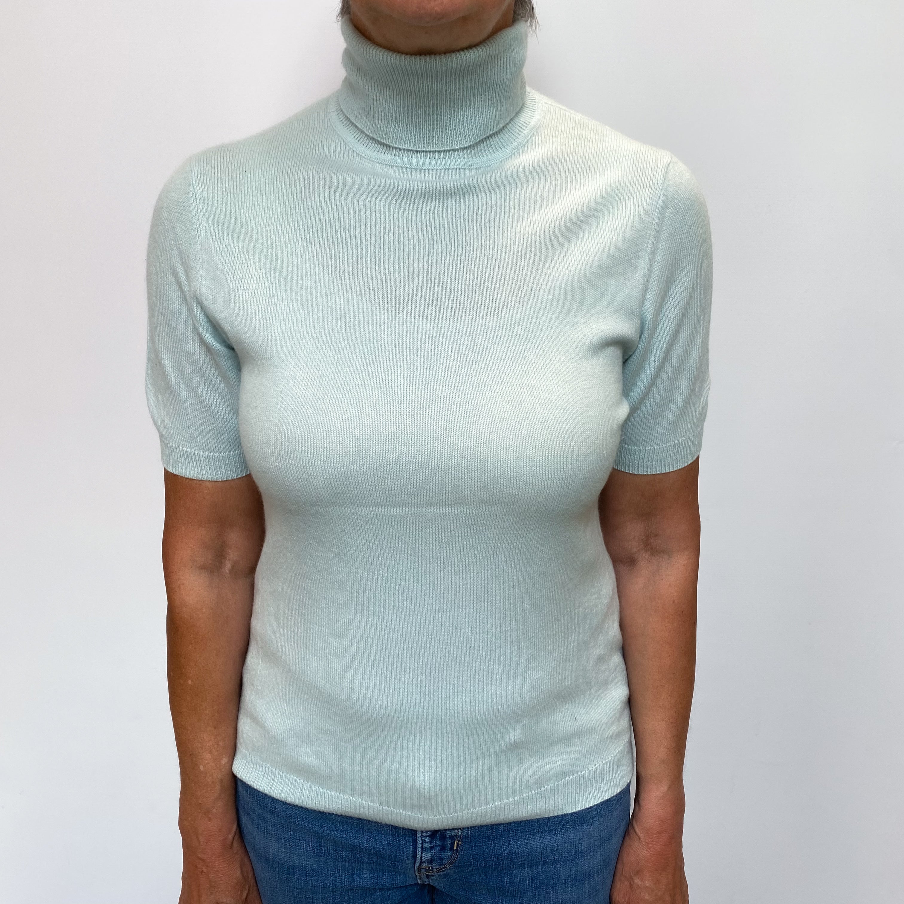 Mint Blue Cashmere Polo Neck Short Sleeved Jumper Medium