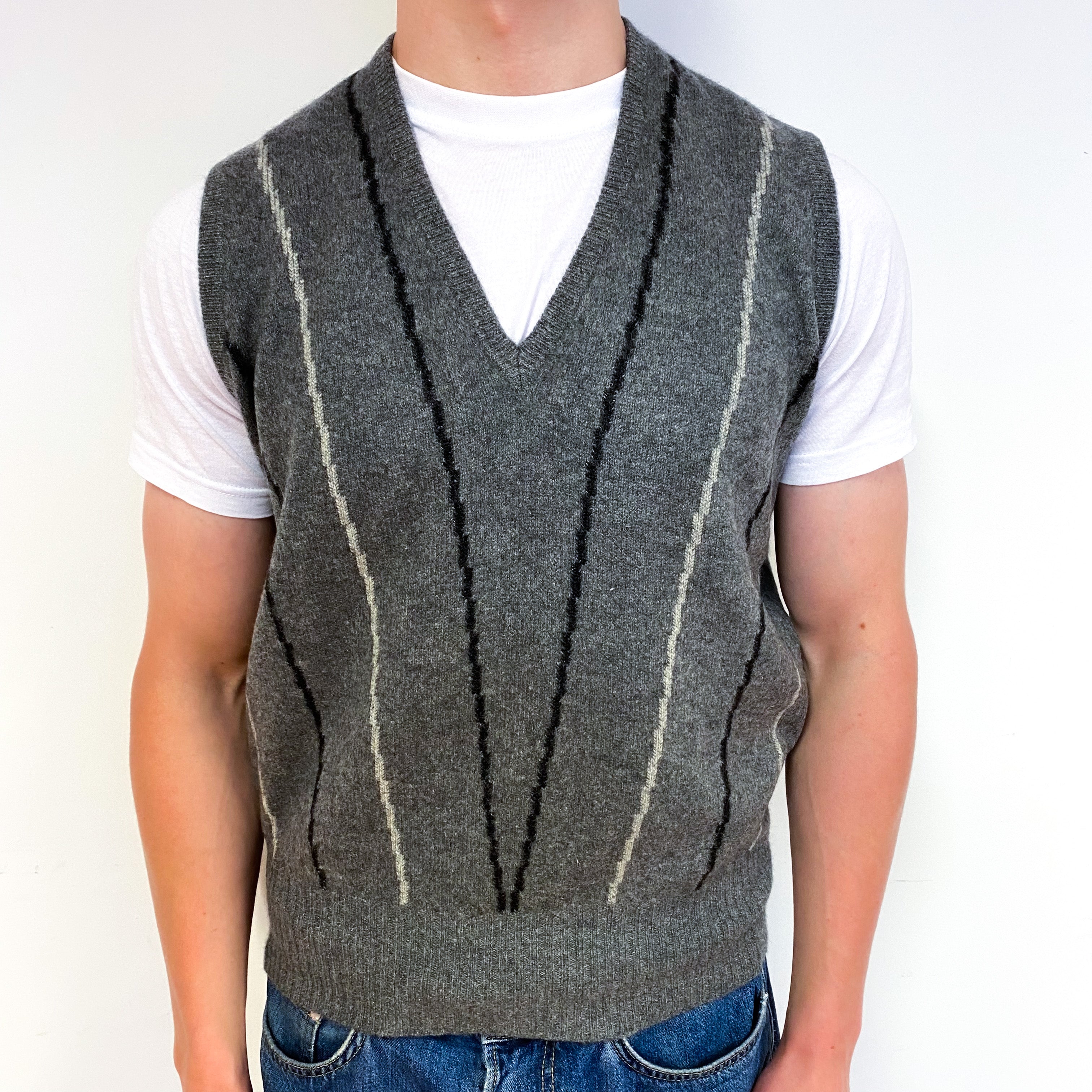 Men's Vintage Slate Grey Striped Cashmere V-Neck Tank Top Small
