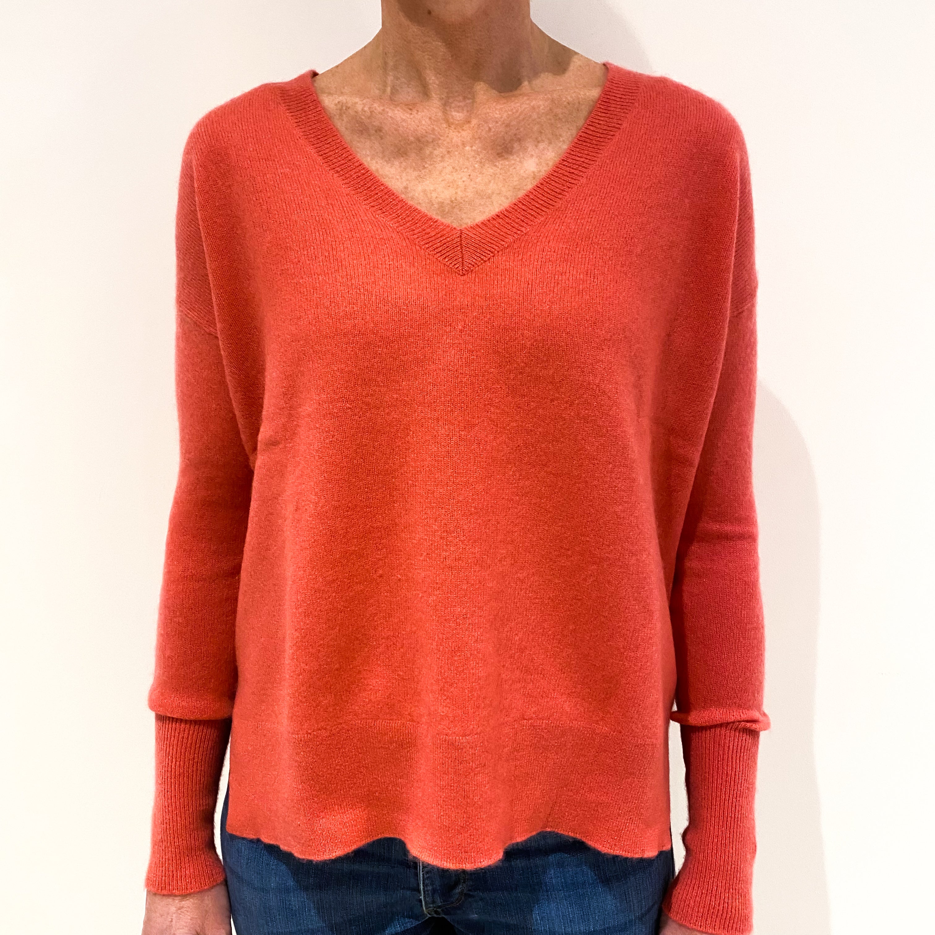Dark Coral Pink Cashmere V-Neck Jumper Small
