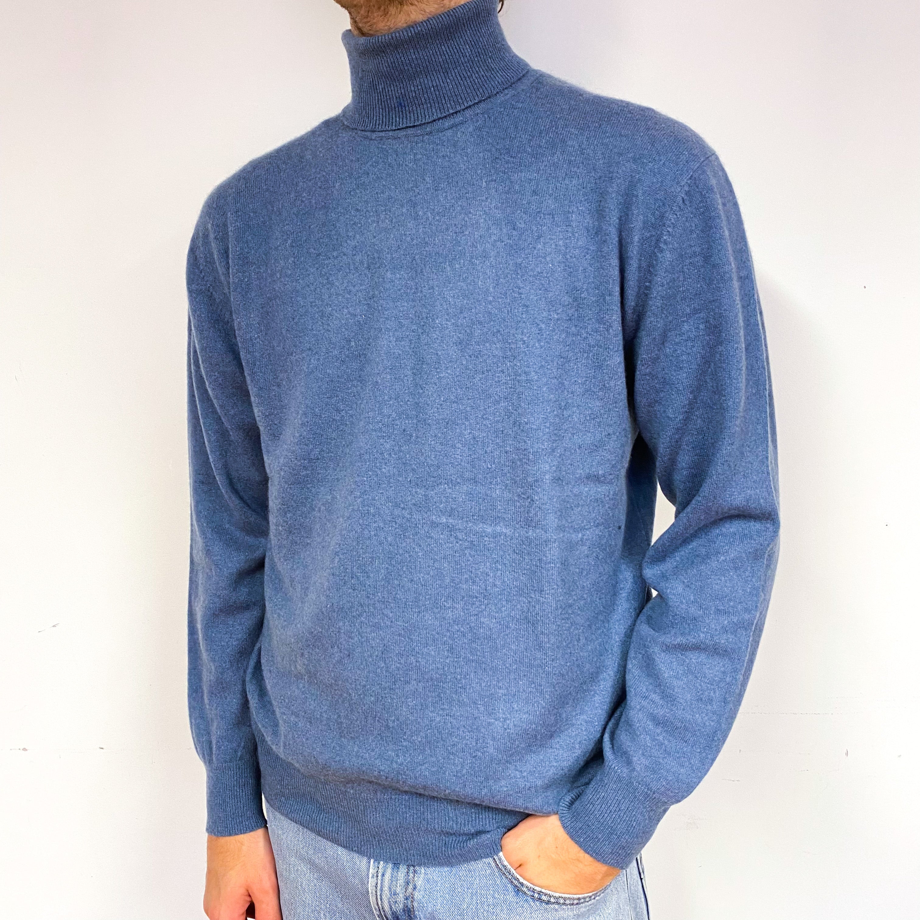Men's Denim Blue Cashmere Polo Neck Jumper Large