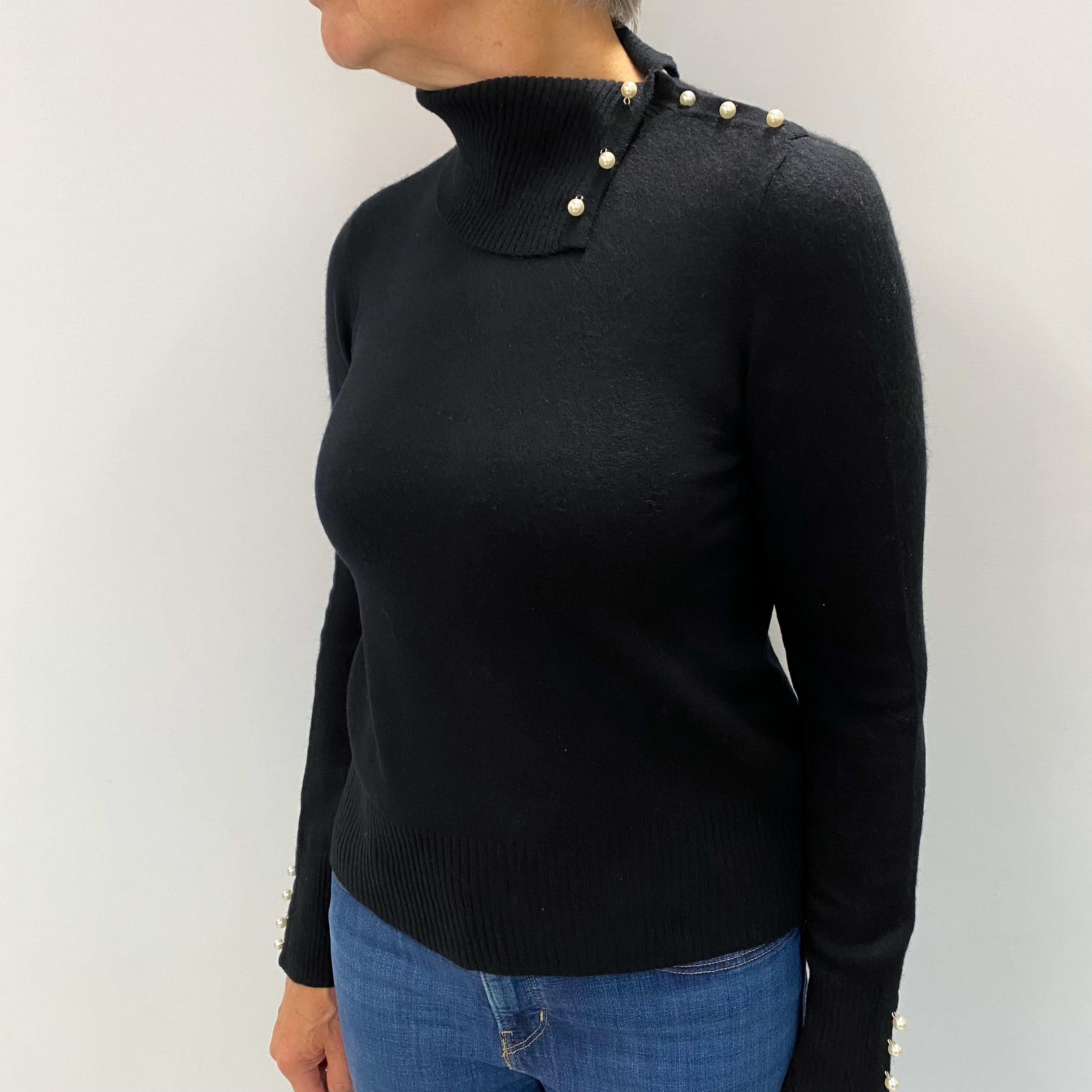 Black Cashmere Split Polo Neck Jumper Medium